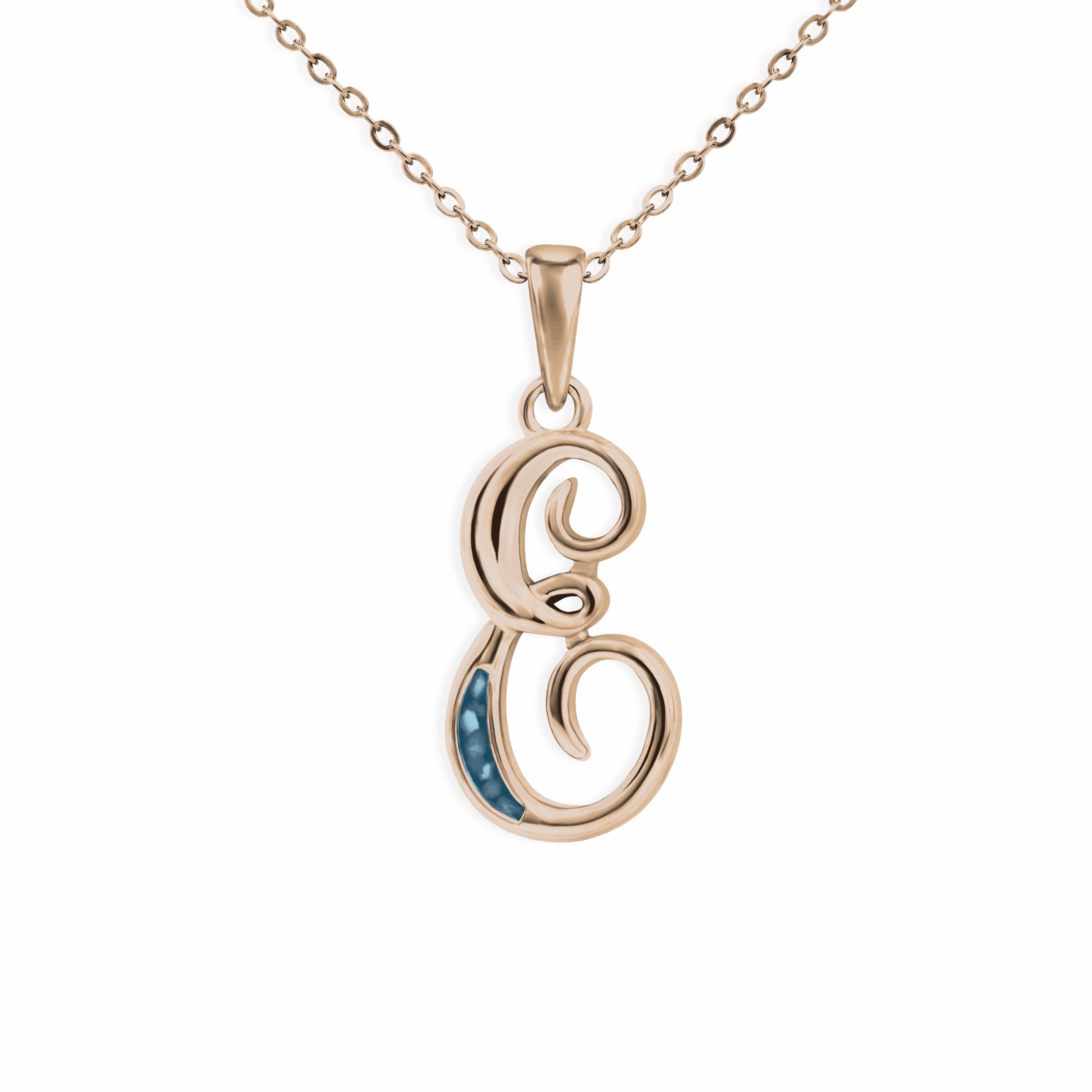 EverWith Alphabet Memorial Ashes Pendant - Letter E 9k Rose Gold Blue