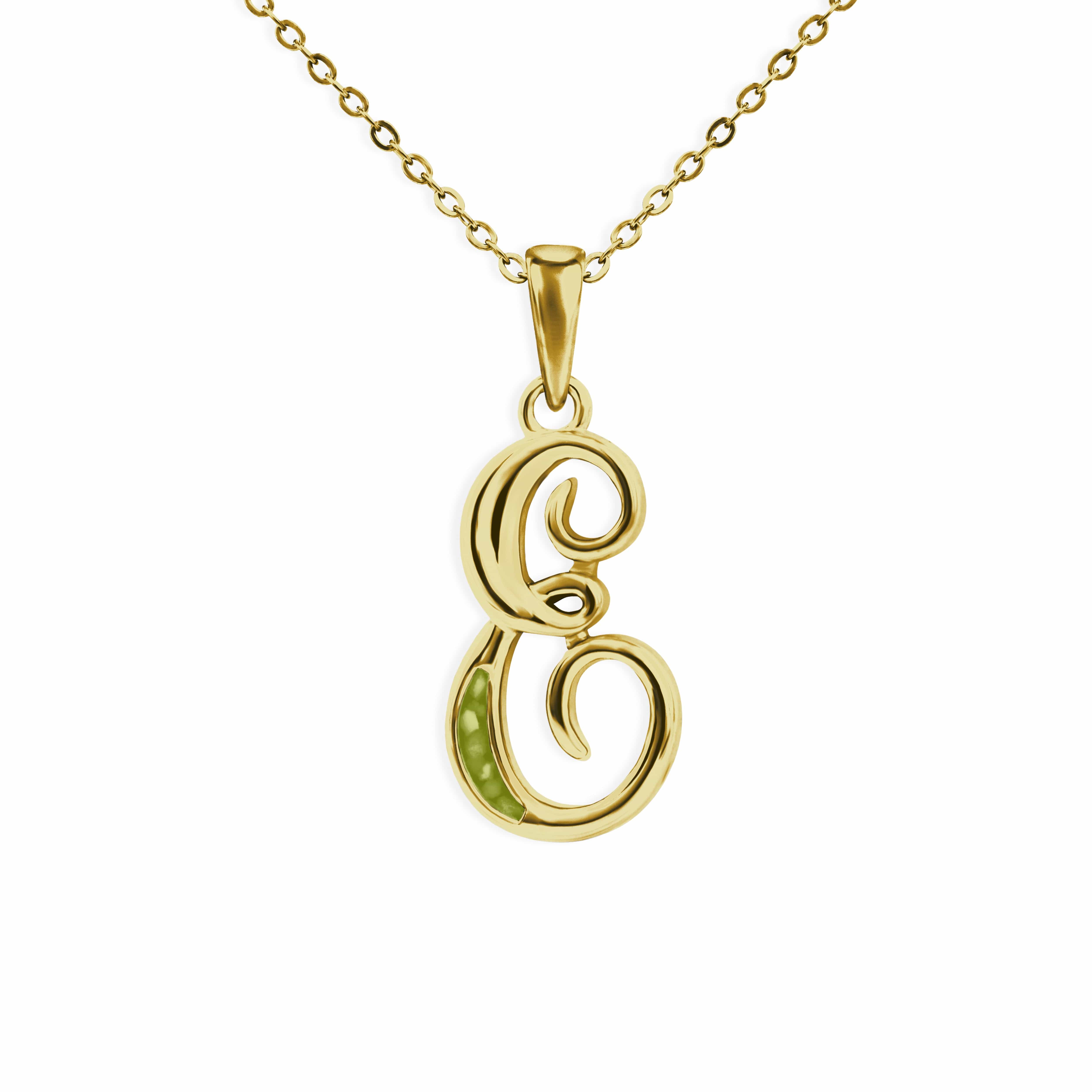 EverWith Alphabet Memorial Ashes Pendant - Letter E 9k Yellow Gold Green