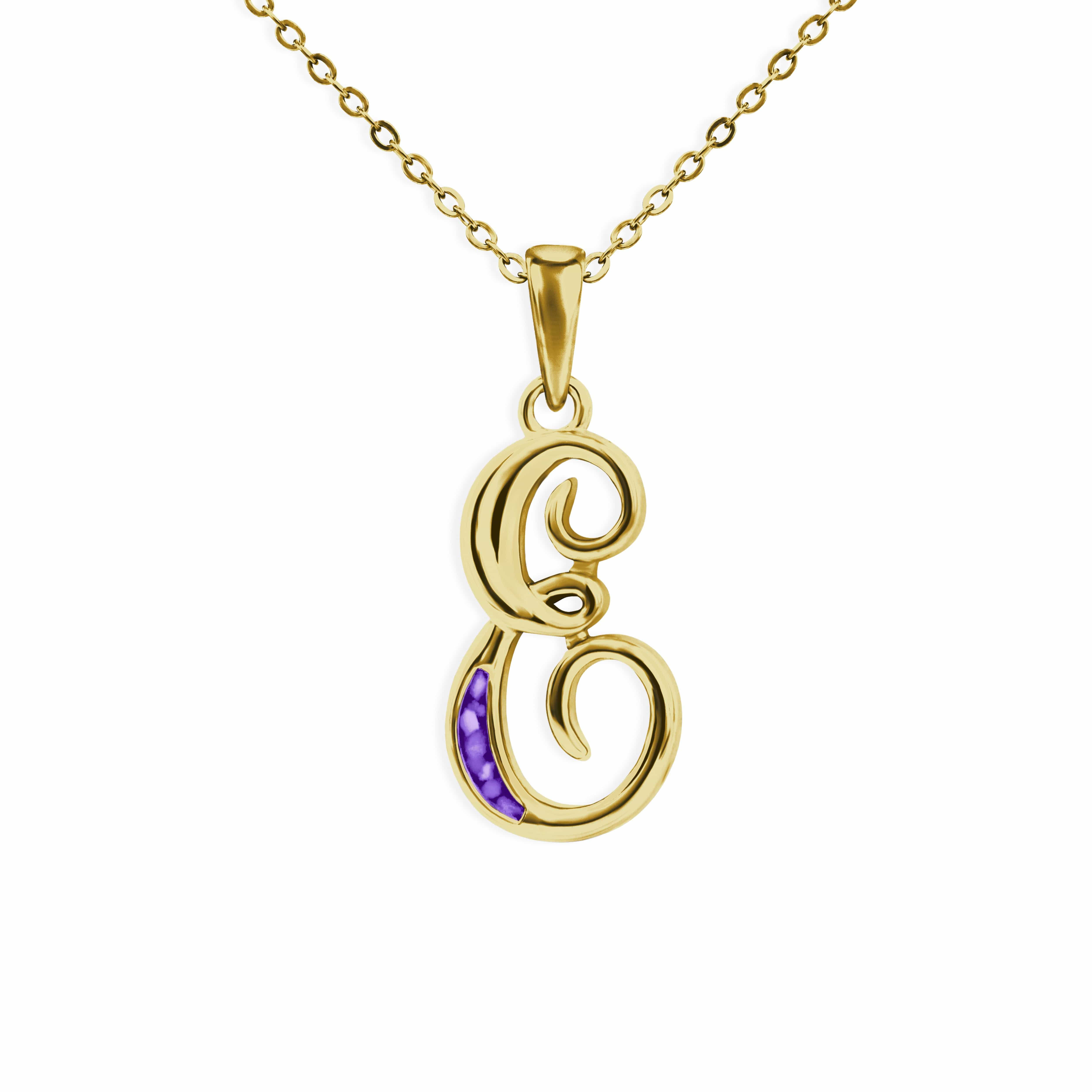 EverWith Alphabet Memorial Ashes Pendant - Letter E 9k Yellow Gold Purple
