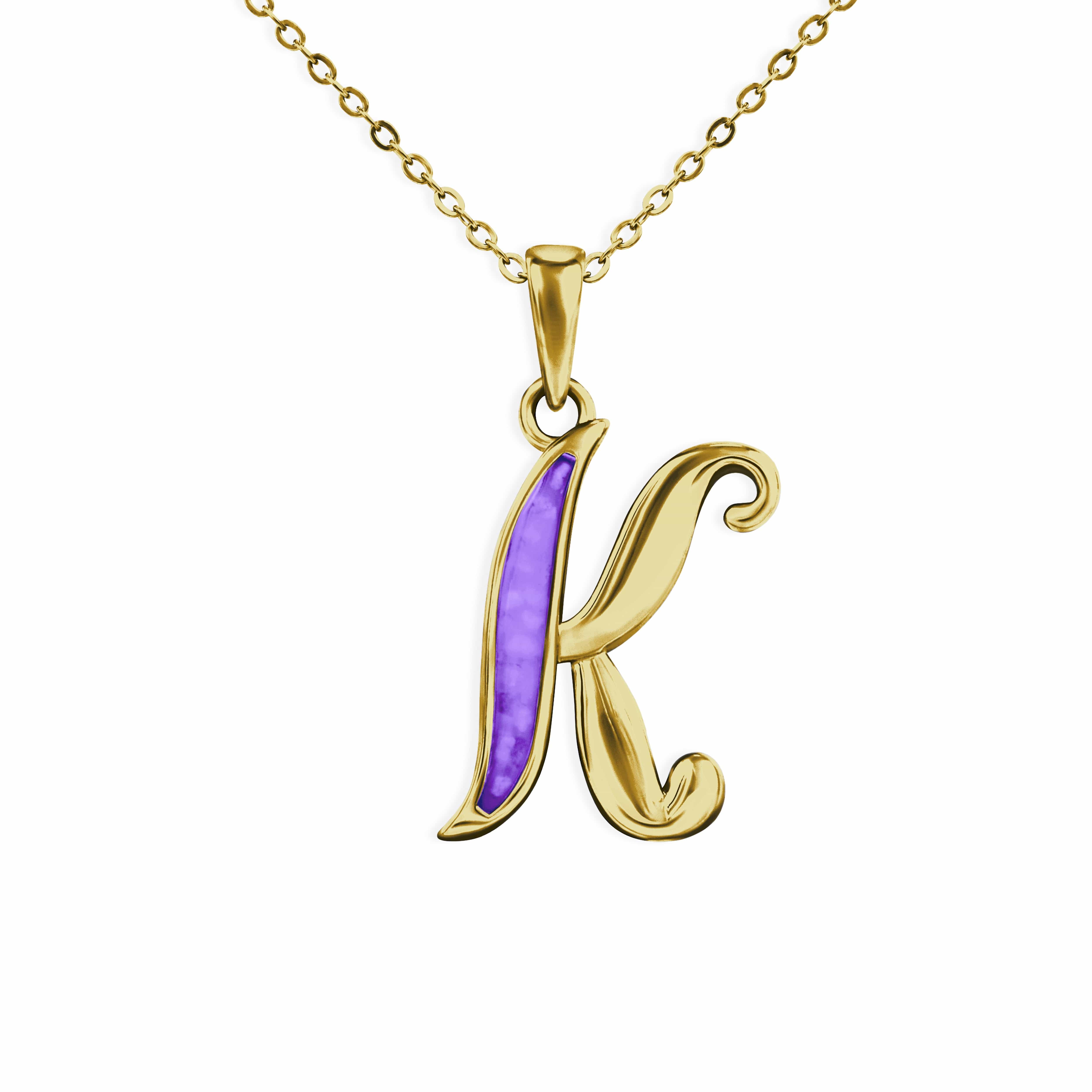 EverWith Alphabet Memorial Ashes Pendant - Letter K 9k Yellow Gold Purple