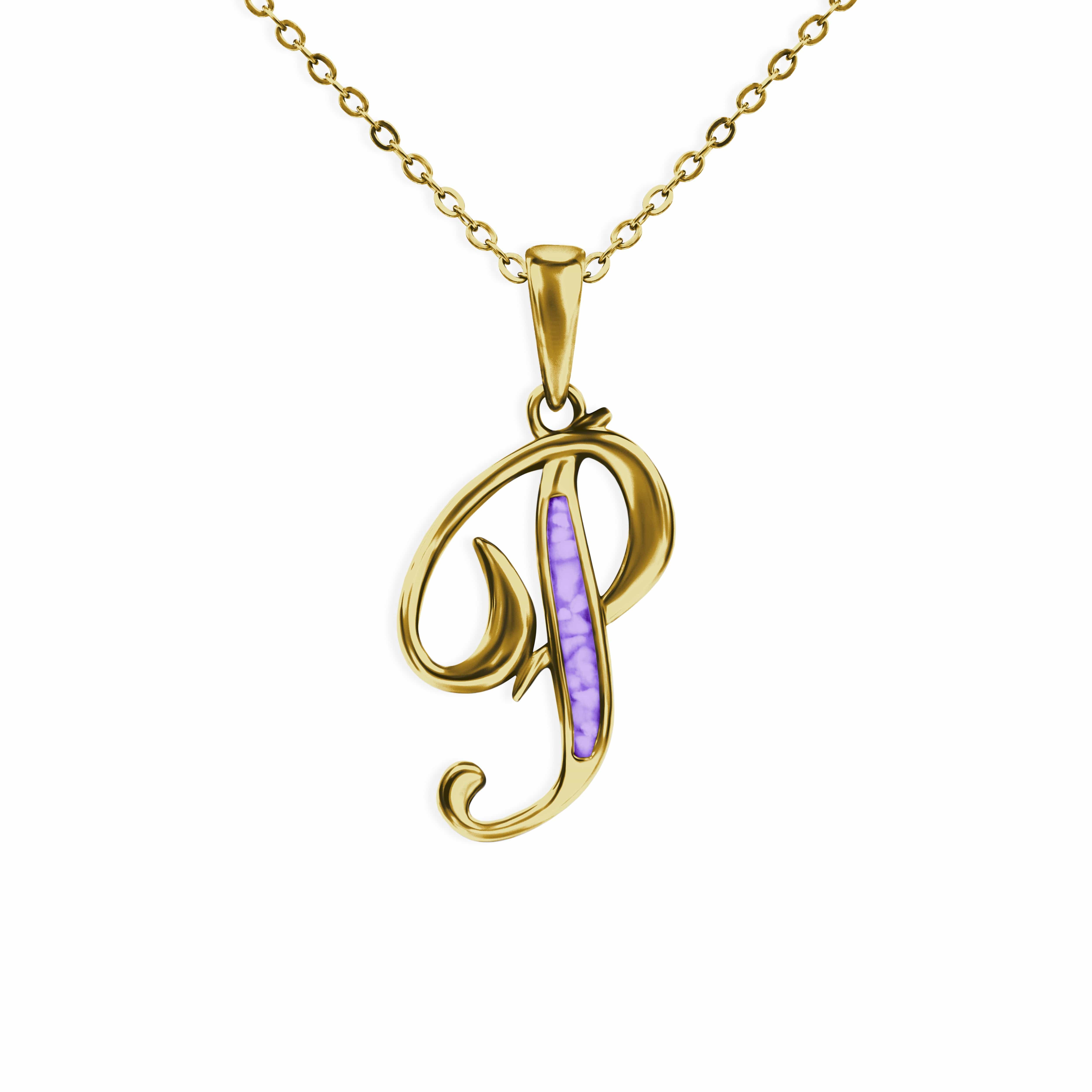 EverWith Alphabet Memorial Ashes Pendant - Letter P 9k Yellow Gold Purple