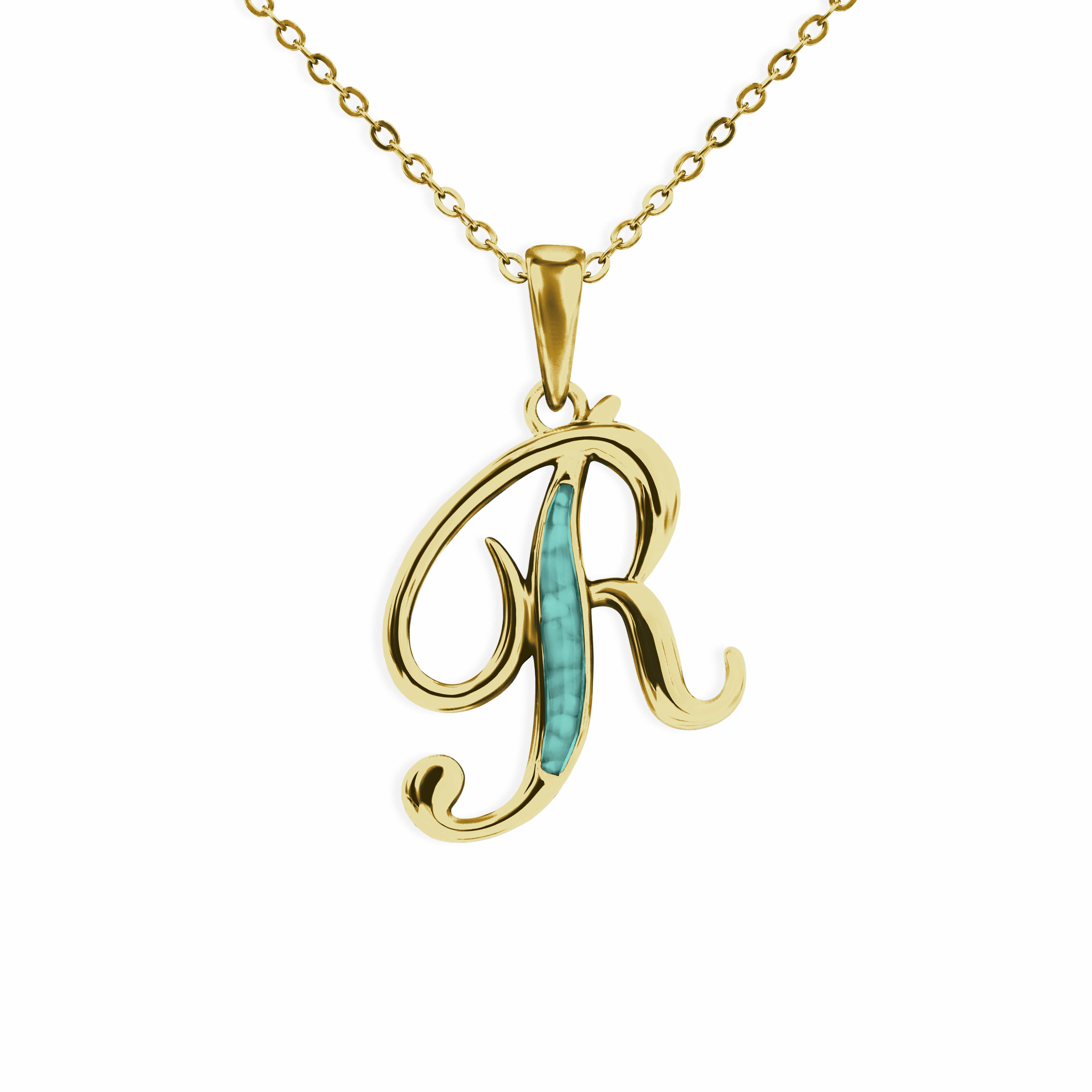 EverWith Alphabet Memorial Ashes Pendant - Letter R 9k Yellow Gold Aqua