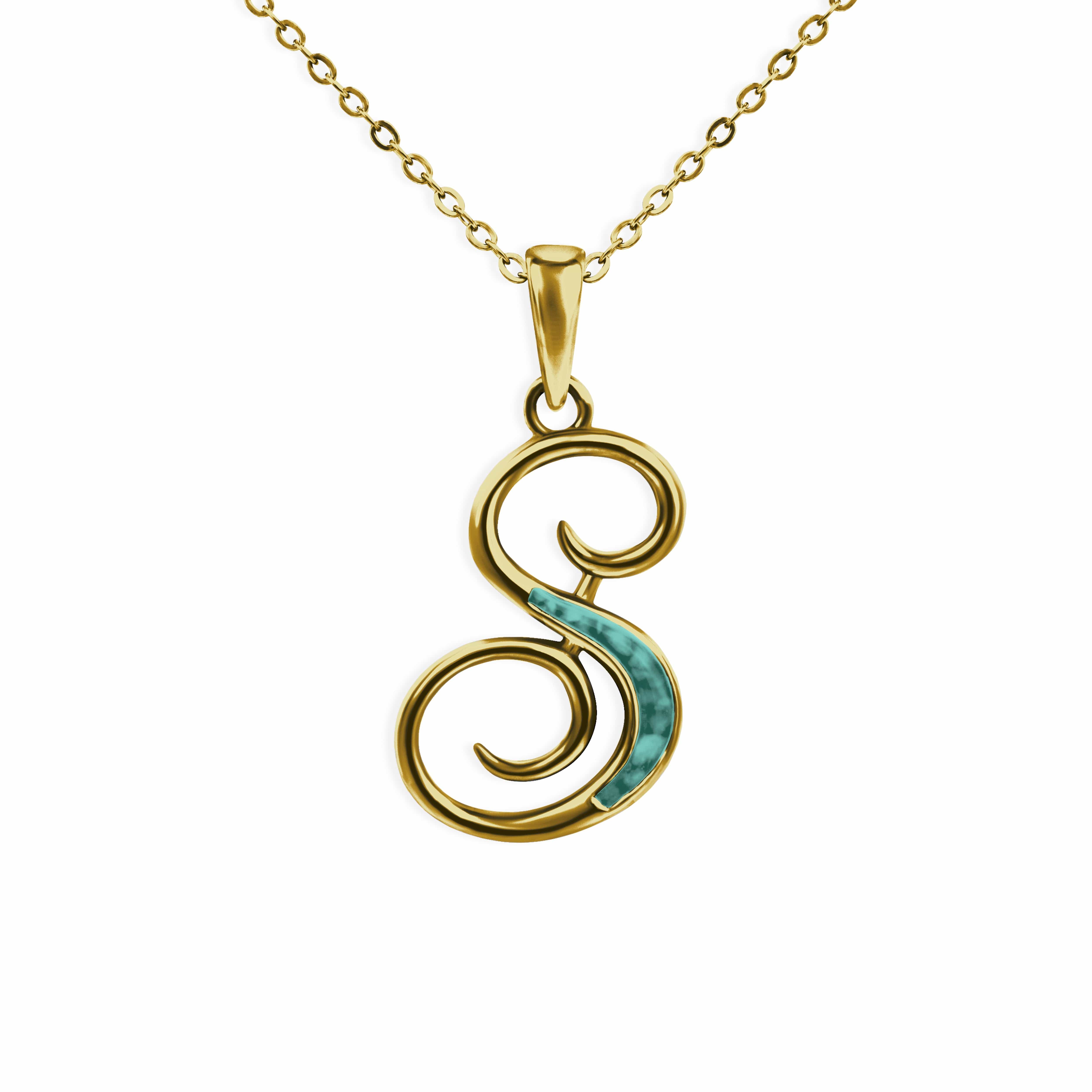 EverWith Alphabet Memorial Ashes Pendant - Letter S 9k Yellow Gold Aqua