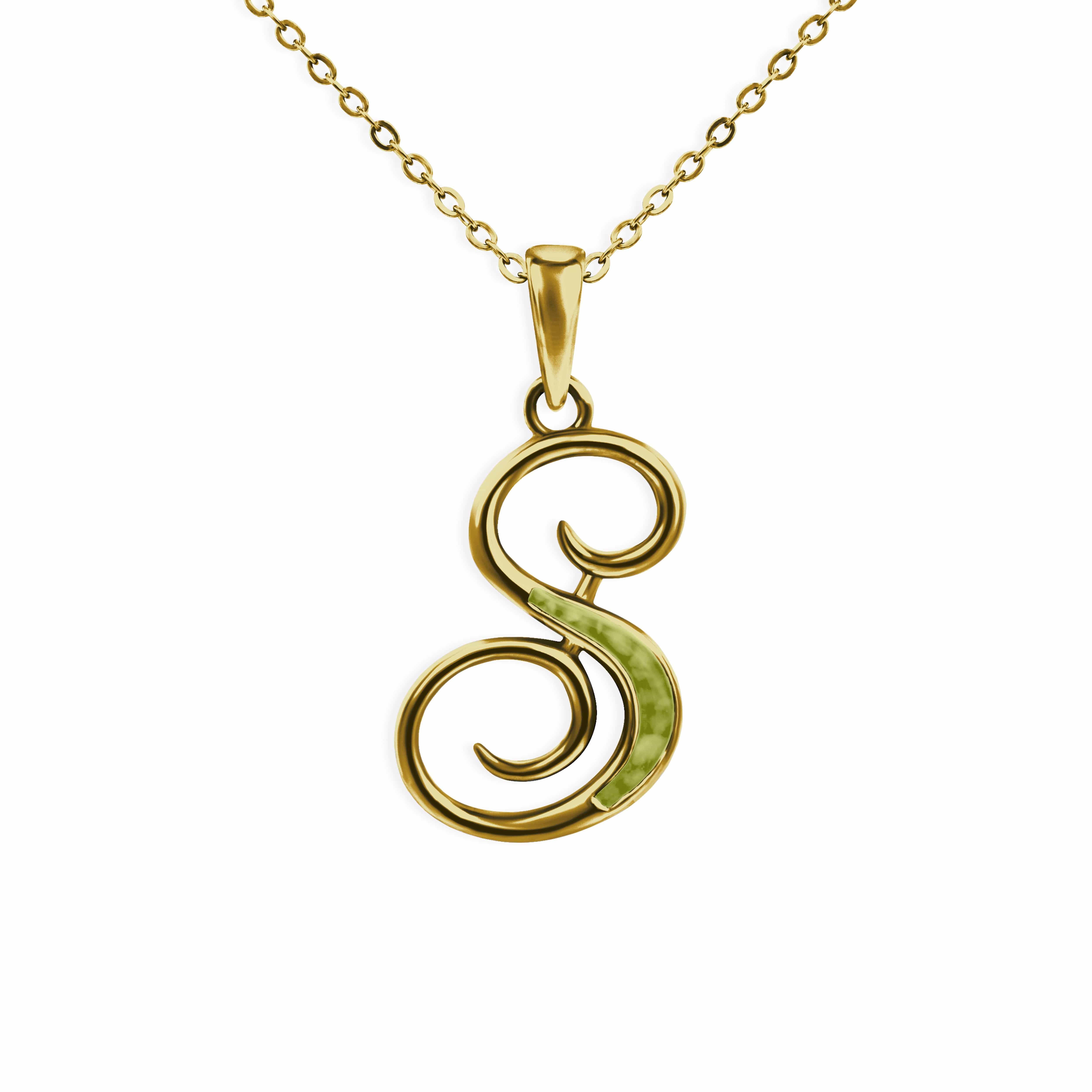 EverWith Alphabet Memorial Ashes Pendant - Letter S 9k Yellow Gold Green