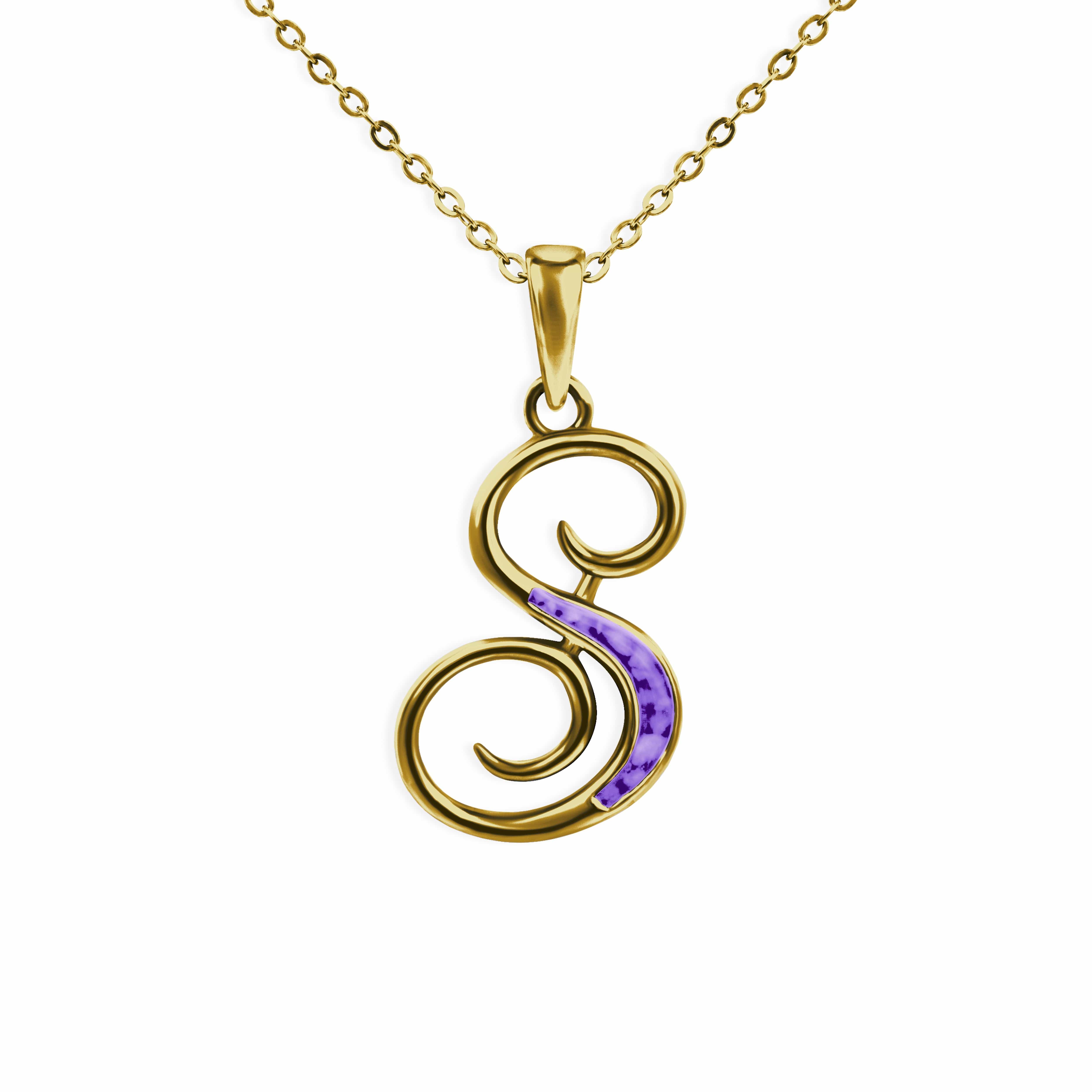 EverWith Alphabet Memorial Ashes Pendant - Letter S 9k Yellow Gold Purple