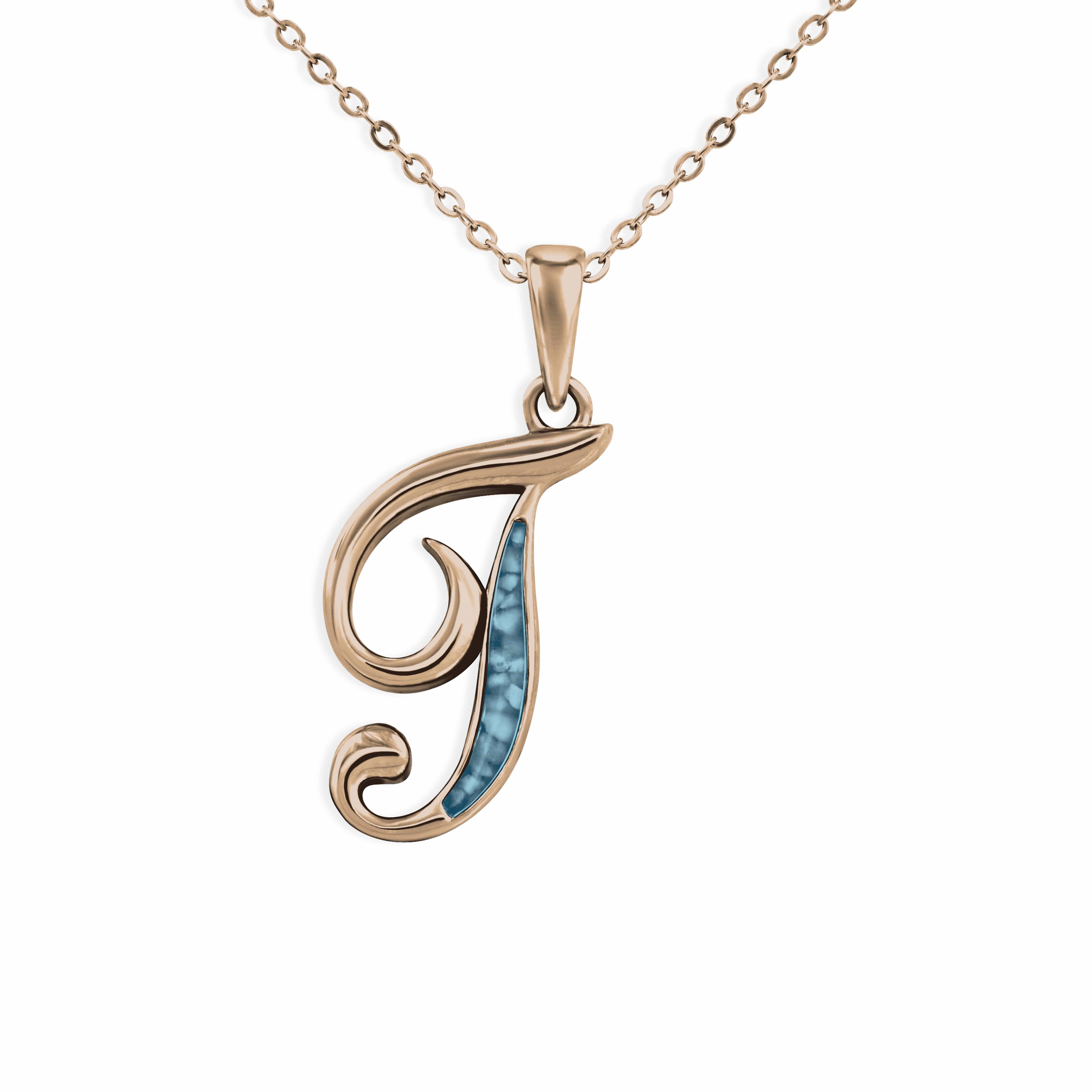 EverWith Alphabet Memorial Ashes Pendant - Letter T 9k Rose Gold Blue