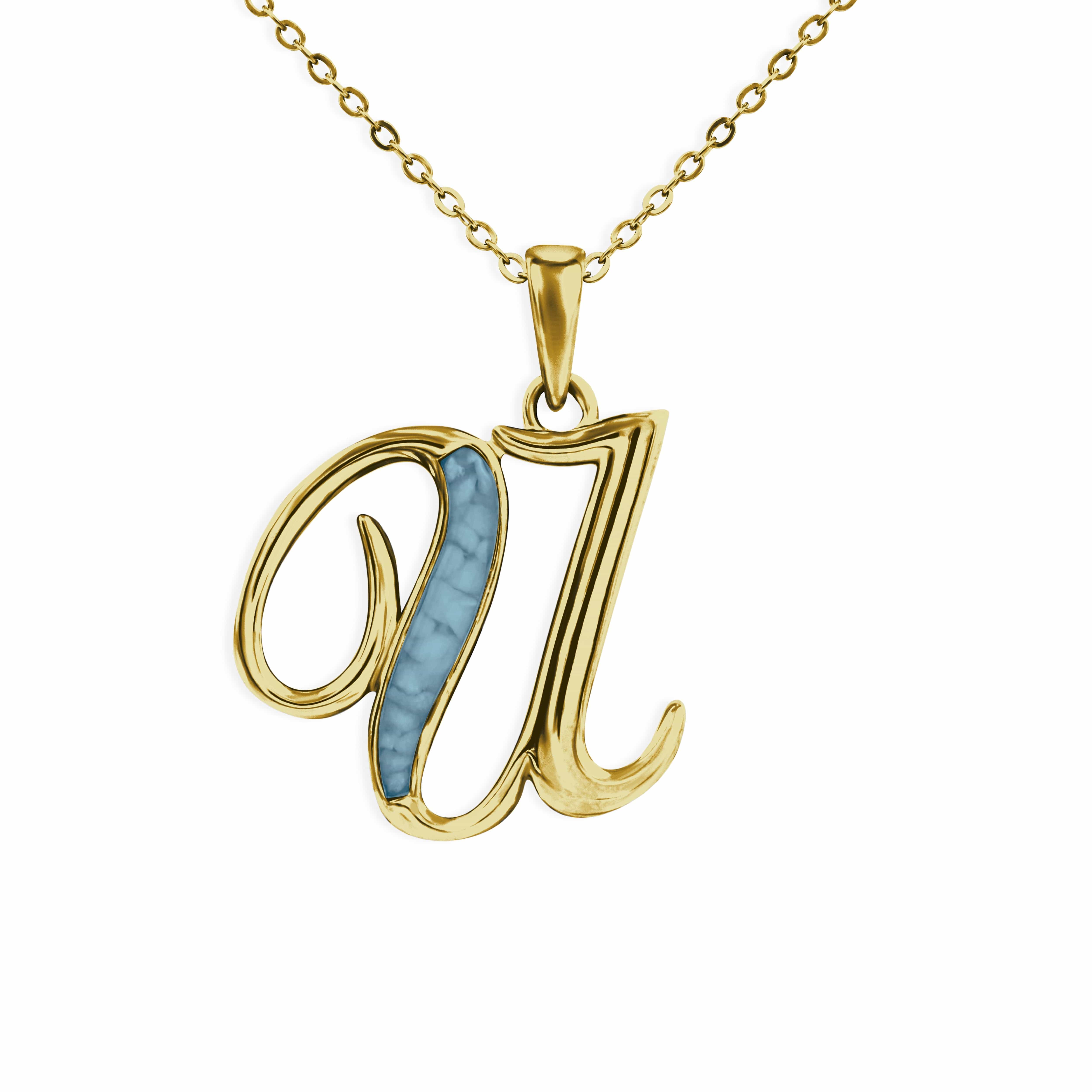 EverWith Alphabet Memorial Ashes Pendant - Letter U 9k Yellow Gold Blue