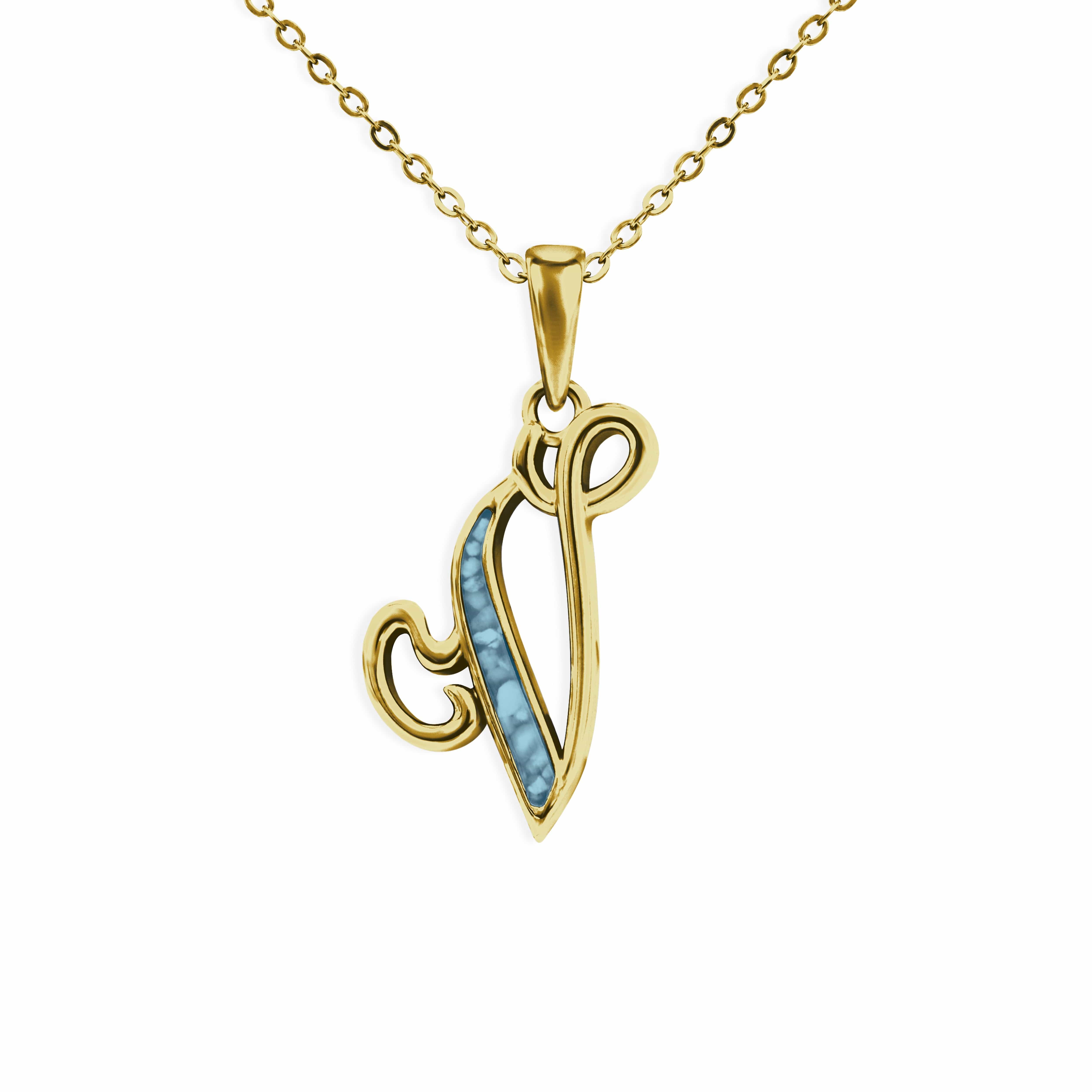 EverWith Alphabet Memorial Ashes Pendant - Letter V 9k Yellow Gold Blue