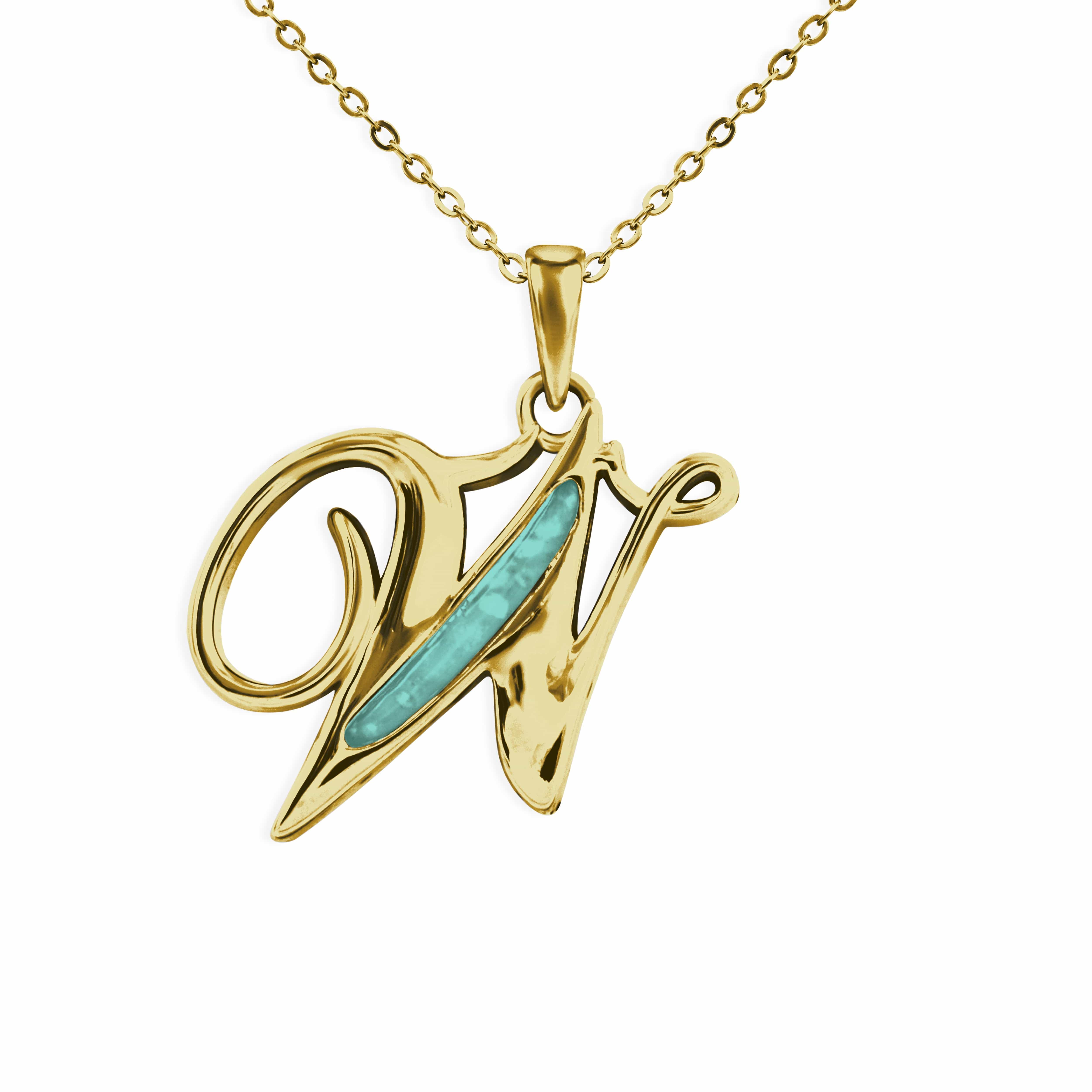 EverWith Alphabet Memorial Ashes Pendant - Letter W 9k Yellow Gold Aqua