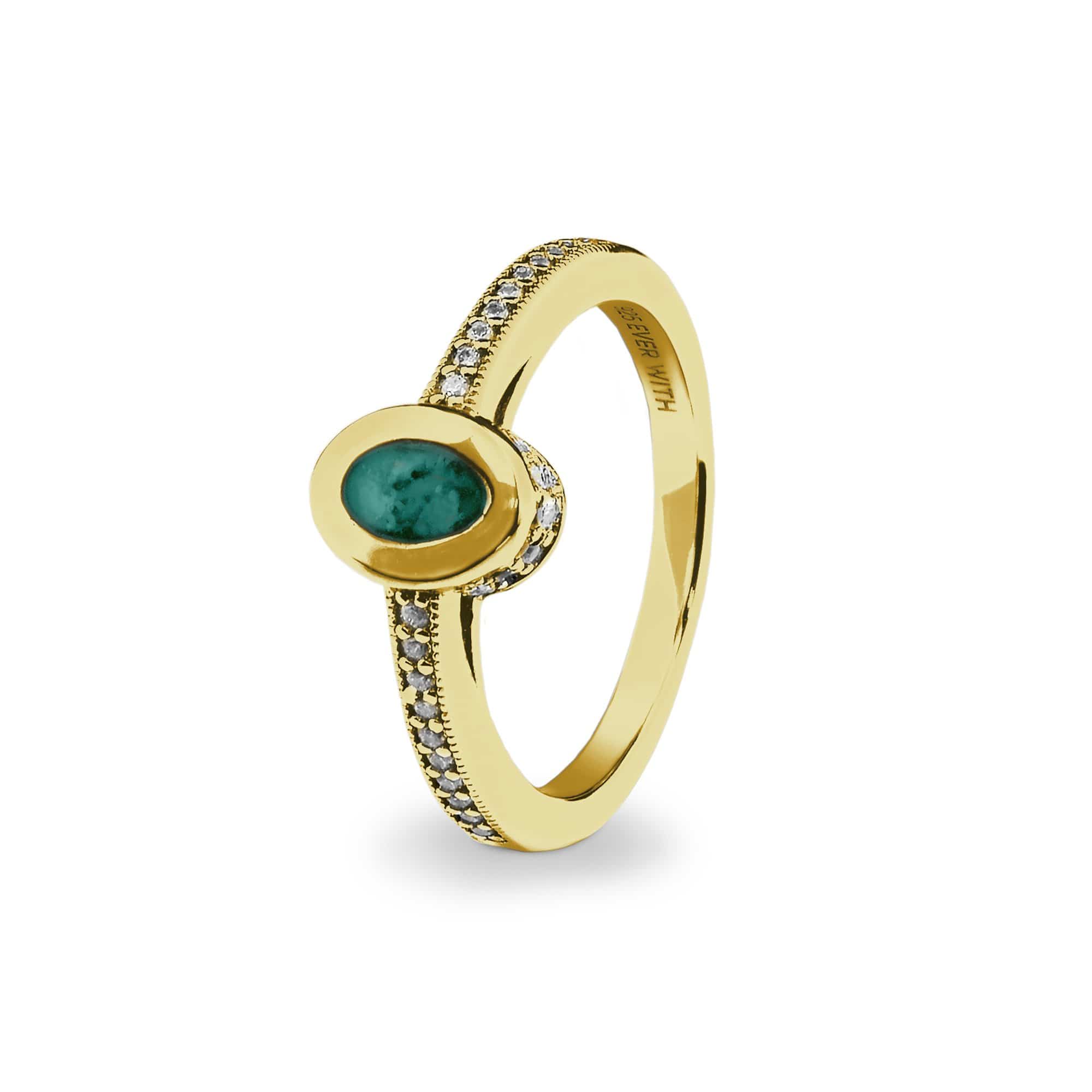 EverWith Ladies Oval Halo Memorial Ashes Ring with Fine Crystals 9k Yellow Gold Aqua