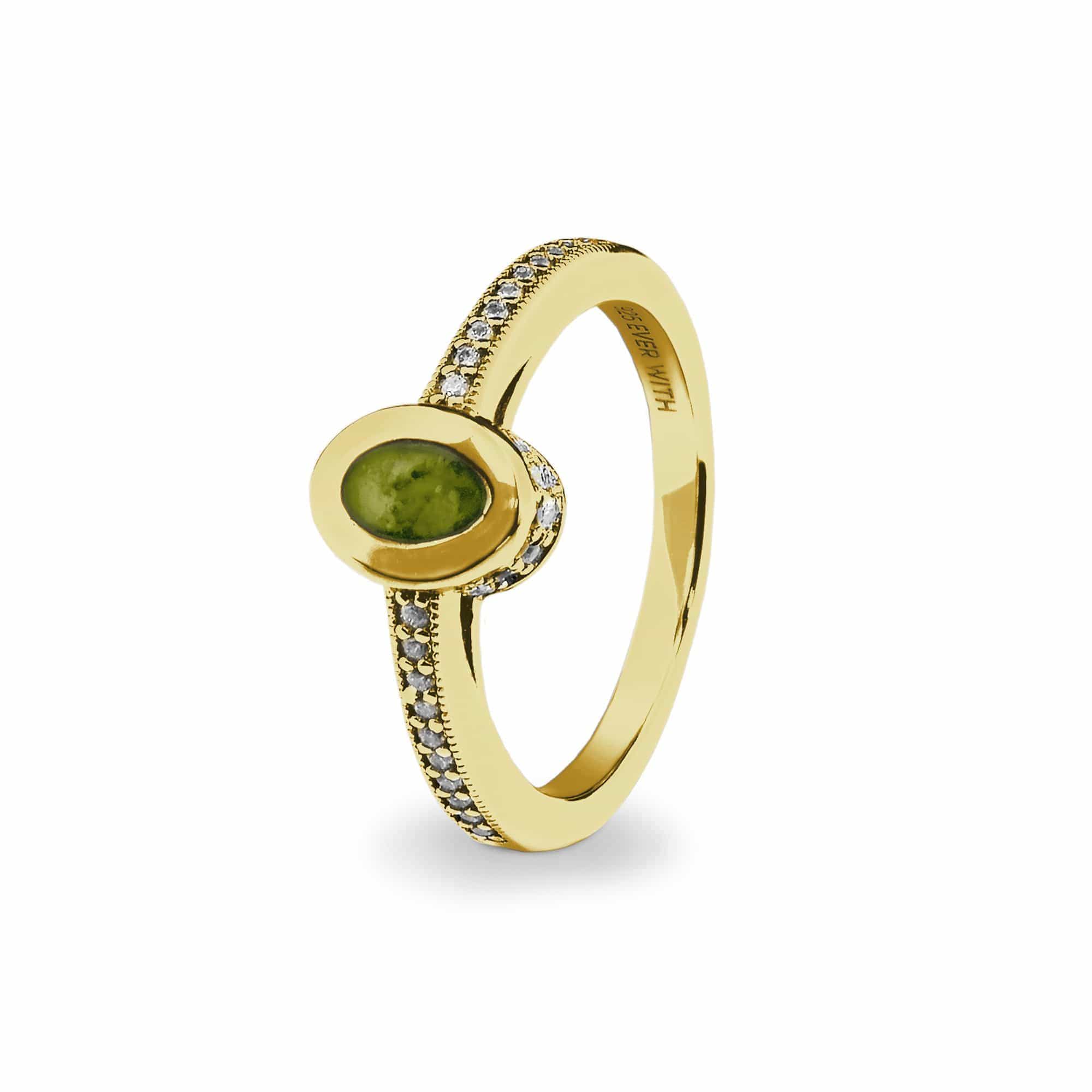 EverWith Ladies Oval Halo Memorial Ashes Ring with Fine Crystals 9k Yellow Gold Green