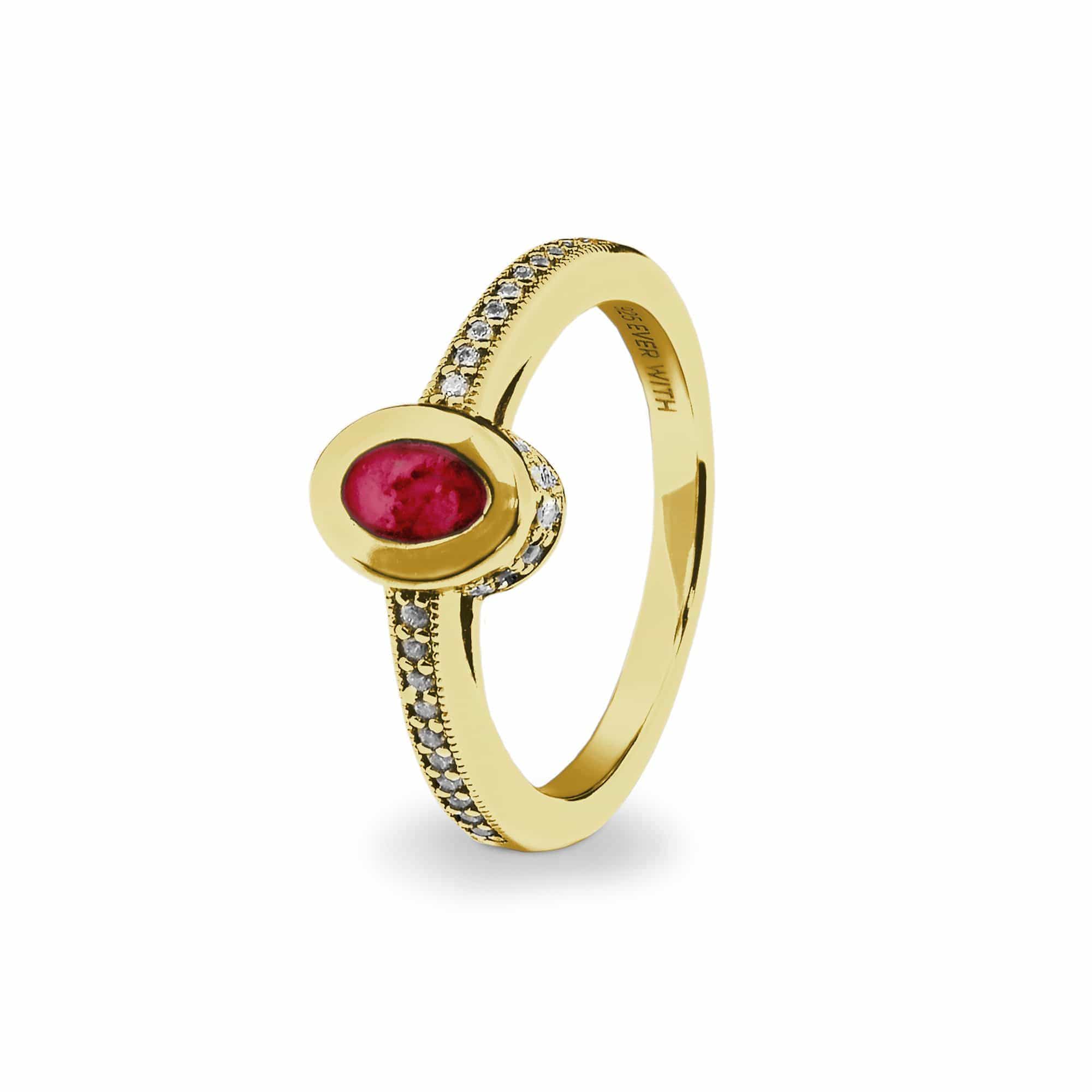 EverWith Ladies Oval Halo Memorial Ashes Ring with Fine Crystals 9k Yellow Gold Red