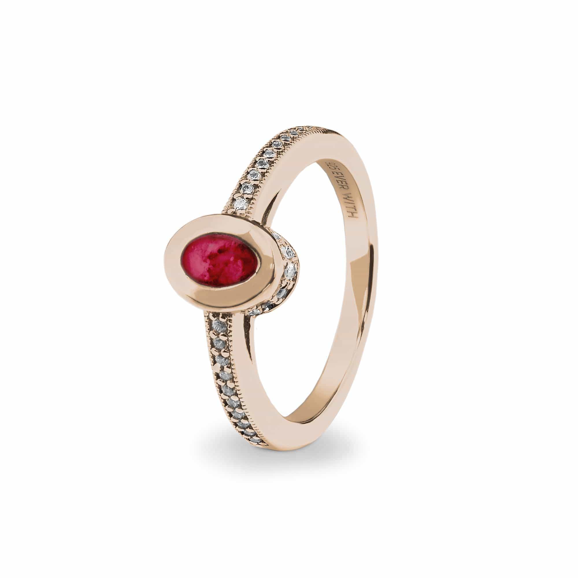 EverWith Ladies Oval Halo Memorial Ashes Ring with Fine Crystals 9k Rose Gold Red
