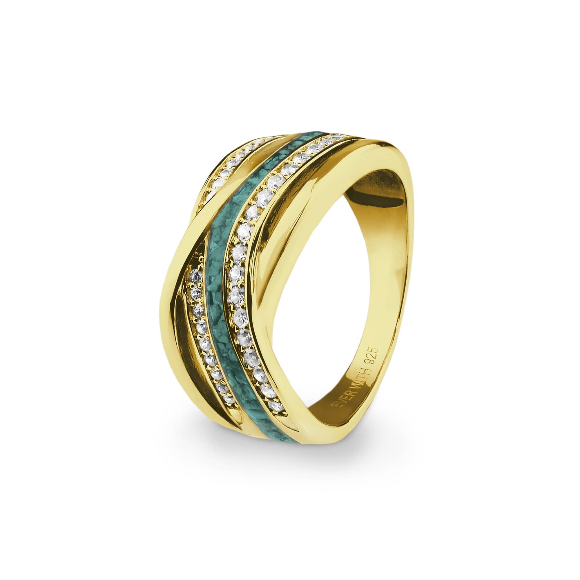 EverWith Ladies Waves Memorial Ashes Ring with Fine Crystals 9k Yellow Gold Aqua