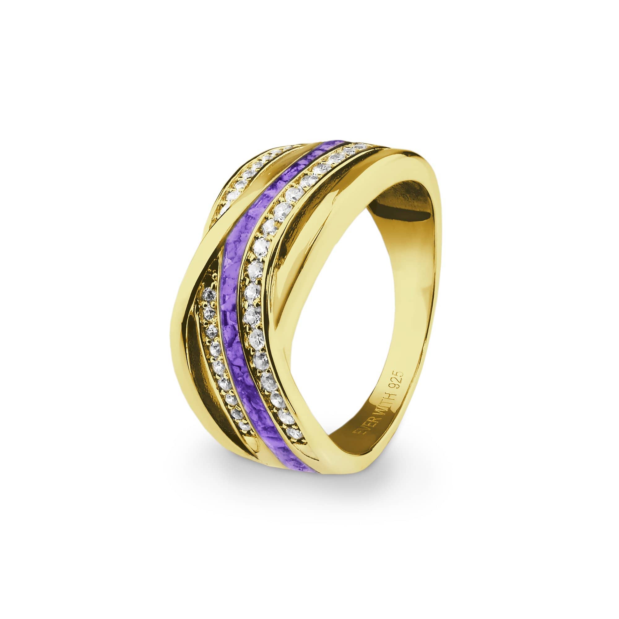 EverWith Ladies Waves Memorial Ashes Ring with Fine Crystals 9k Yellow Gold Purple