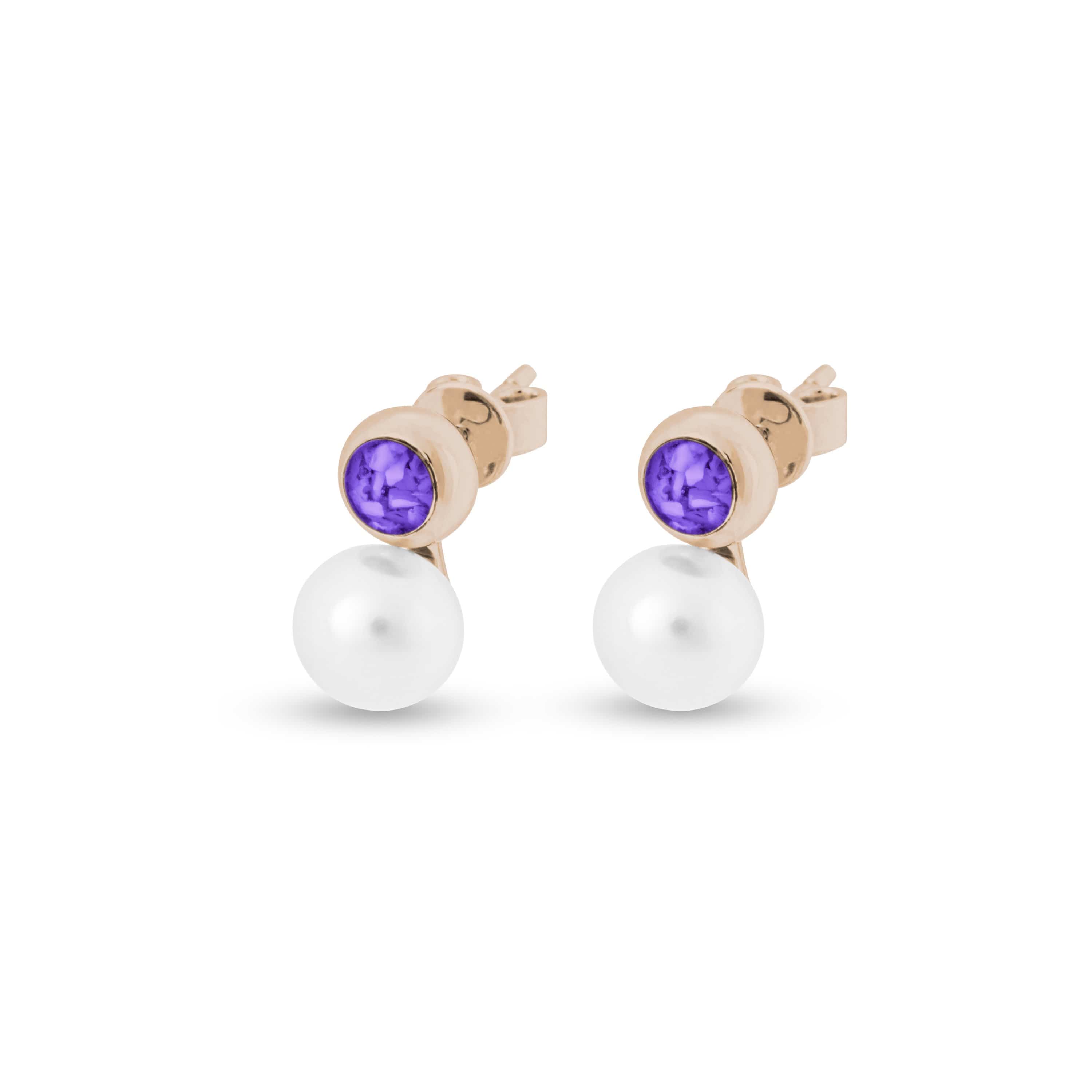 EverWith Ladies Rondure Pearl Memorial Ashes Earrings 9k Rose Gold Purple