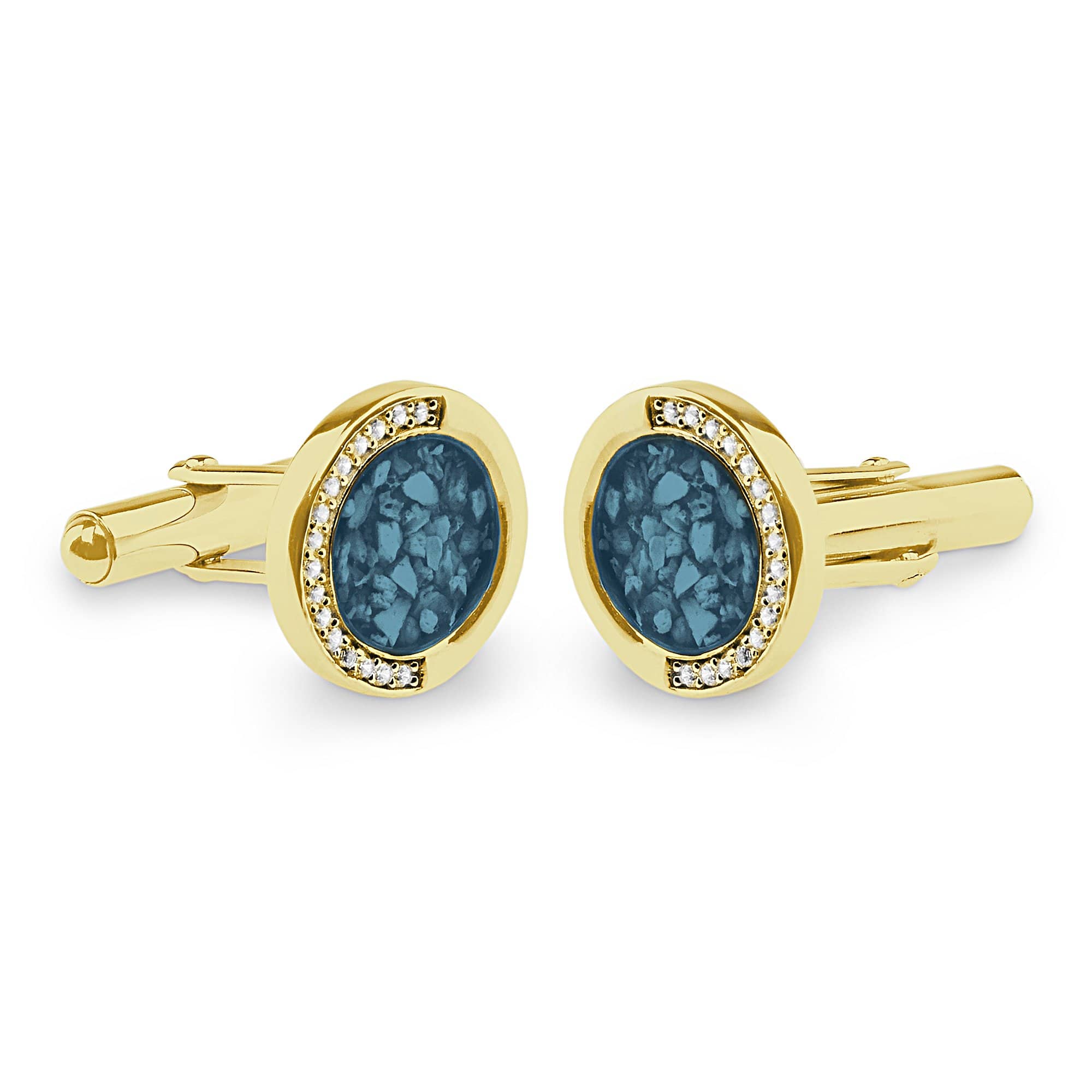 EverWith Gents Fancy Round Memorial Ashes Cufflinks with Fine Crystals 9k Yellow Gold Blue