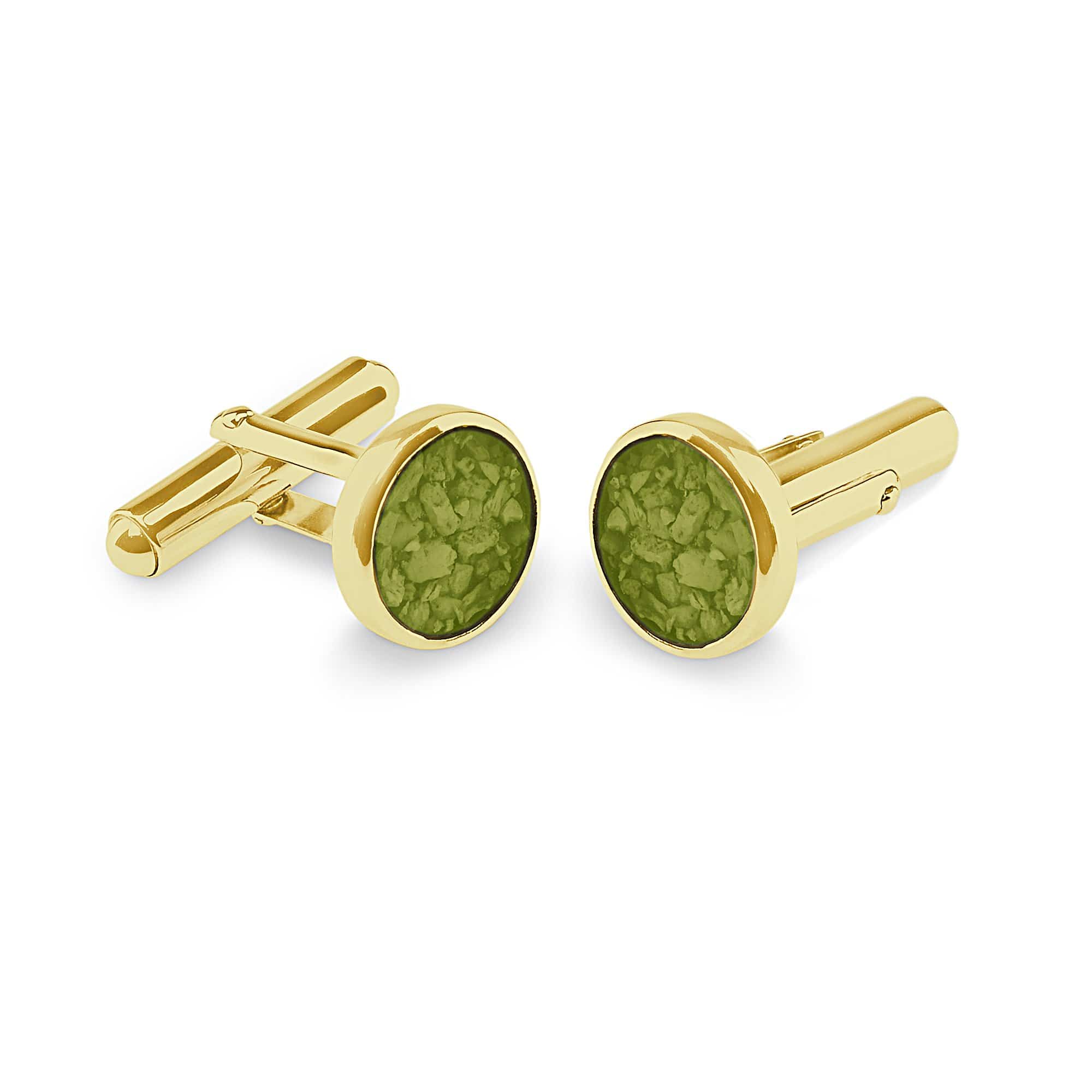 EverWith Gents Classic Round Memorial Ashes Cufflinks 9k Yellow Gold Green