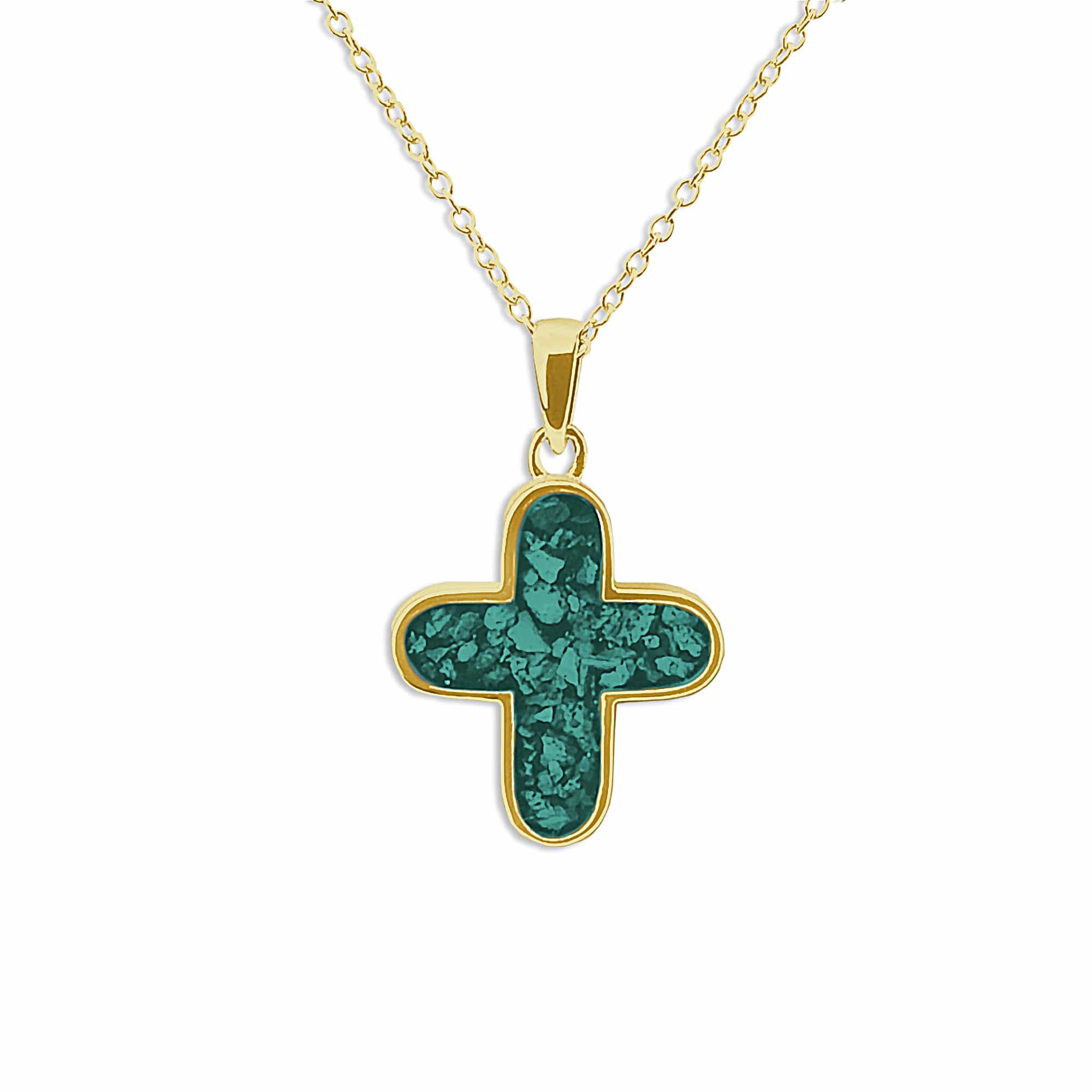 EverWith Unisex Rounded Cross Memorial Ashes Pendant 9k Yellow Gold Aqua