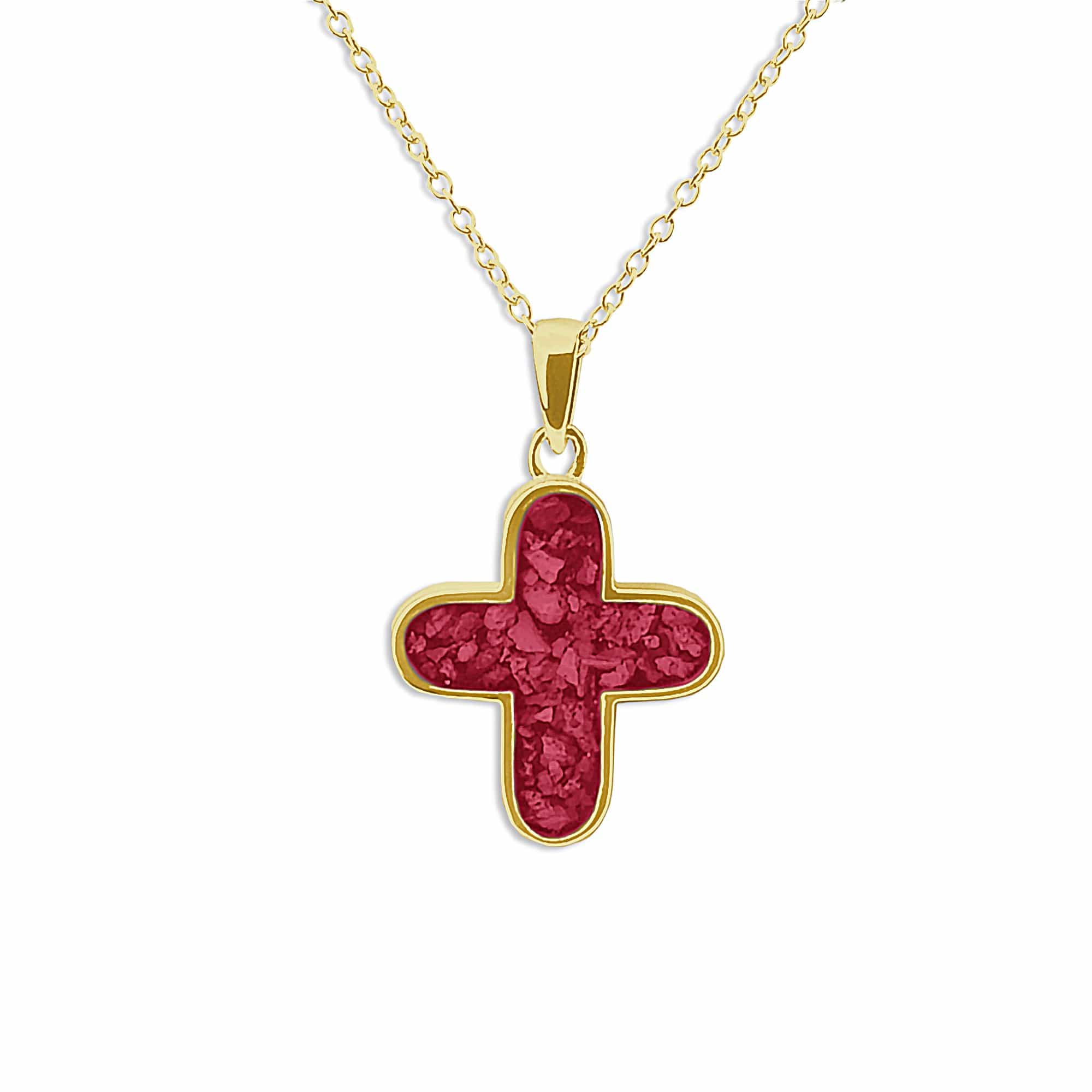 EverWith Unisex Rounded Cross Memorial Ashes Pendant 9k Yellow Gold Red
