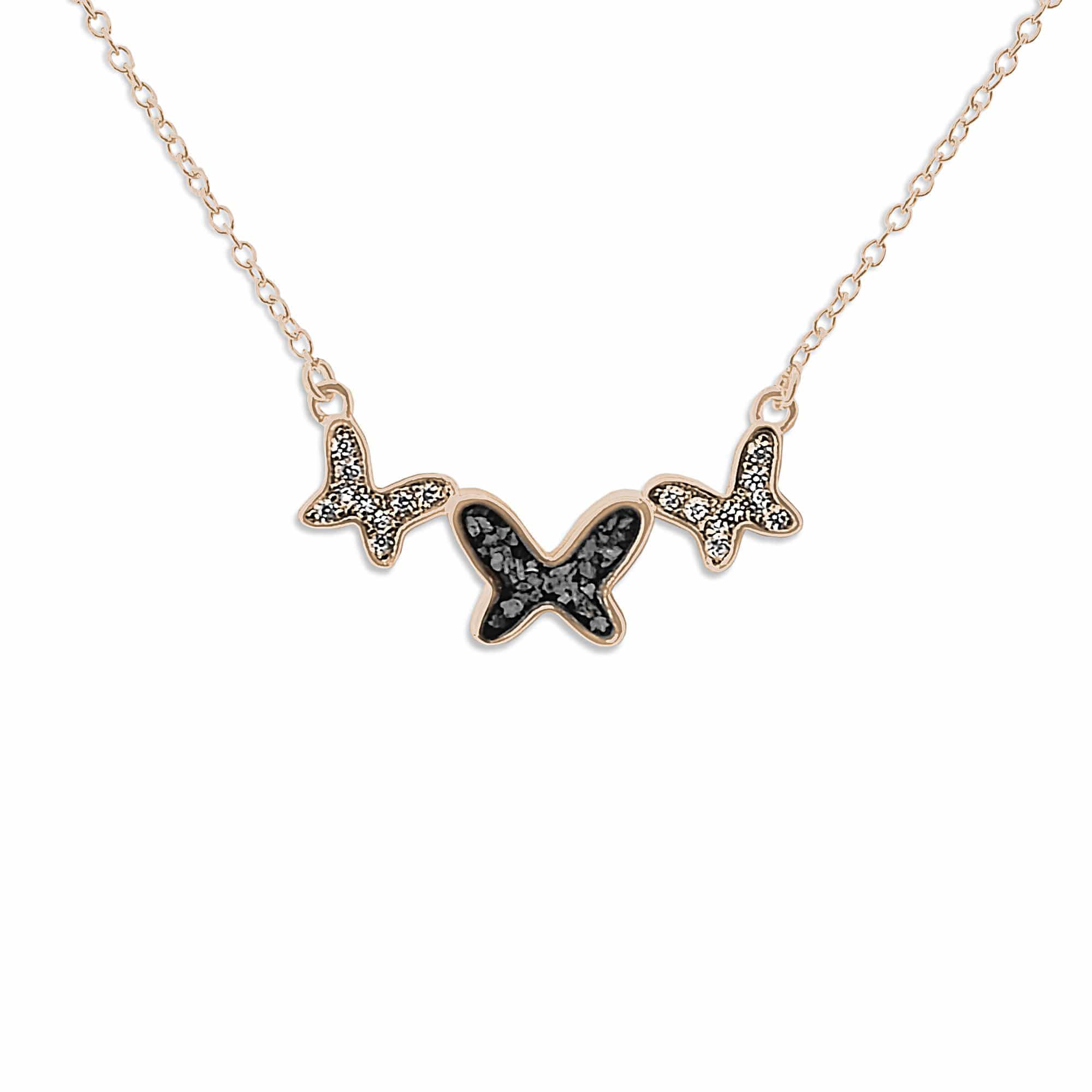 EverWith Ladies Butterflies Memorial Ashes Necklace with Fine Crystals 9k Rose Gold Black