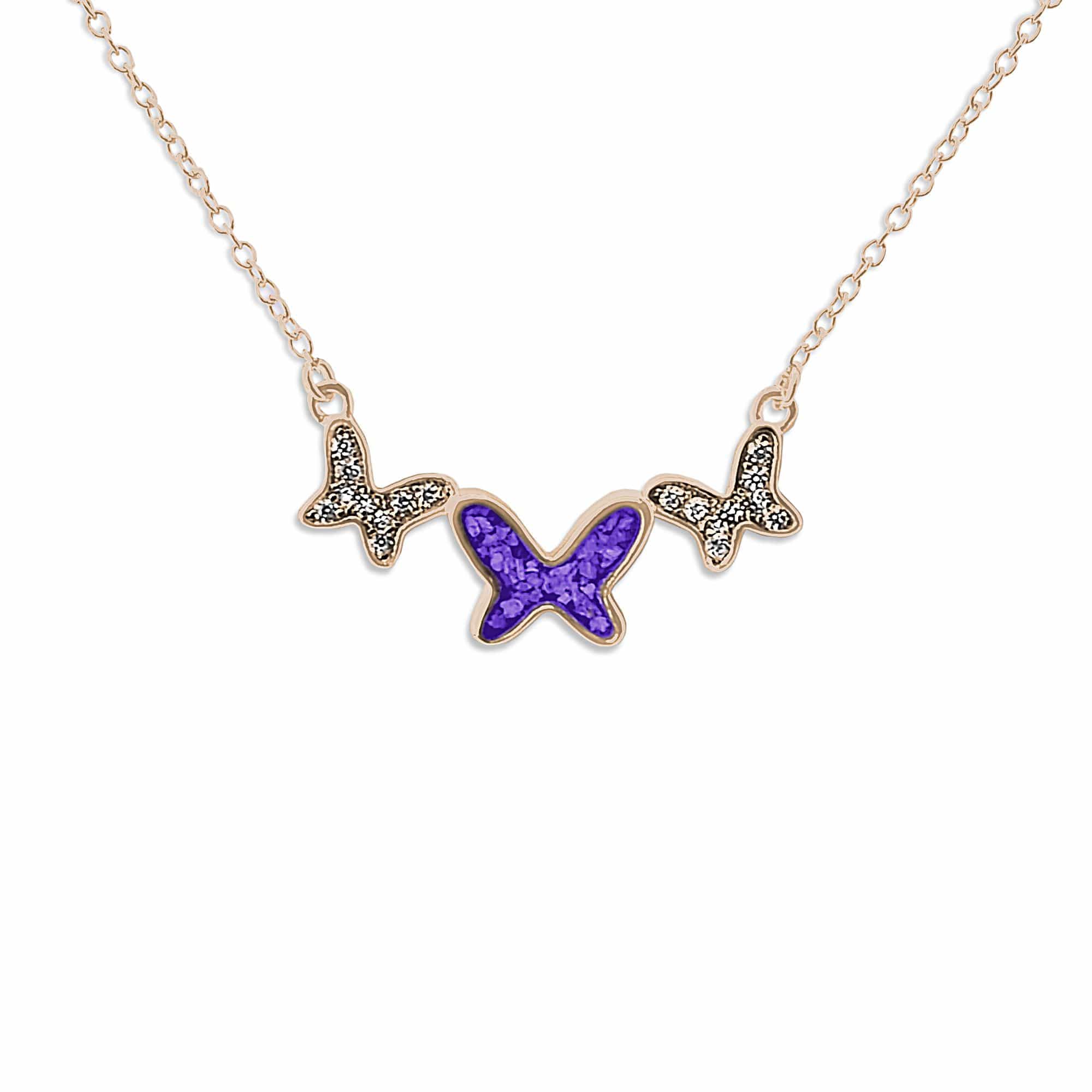 EverWith Ladies Butterflies Memorial Ashes Necklace with Fine Crystals 9k Rose Gold Purple
