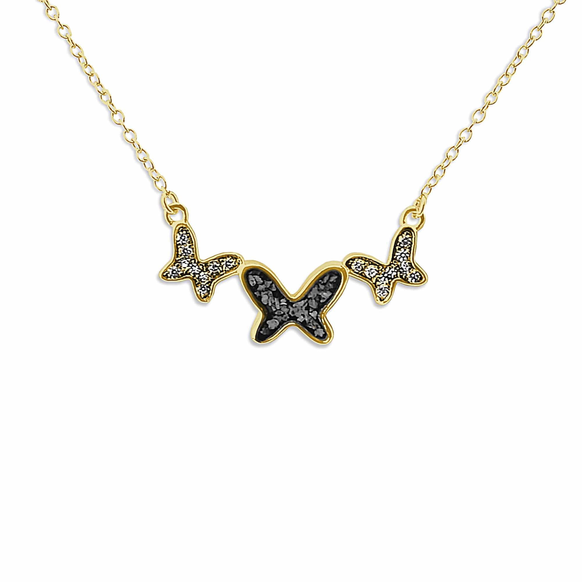 EverWith Ladies Butterflies Memorial Ashes Necklace with Fine Crystals 9k Yellow Gold Black
