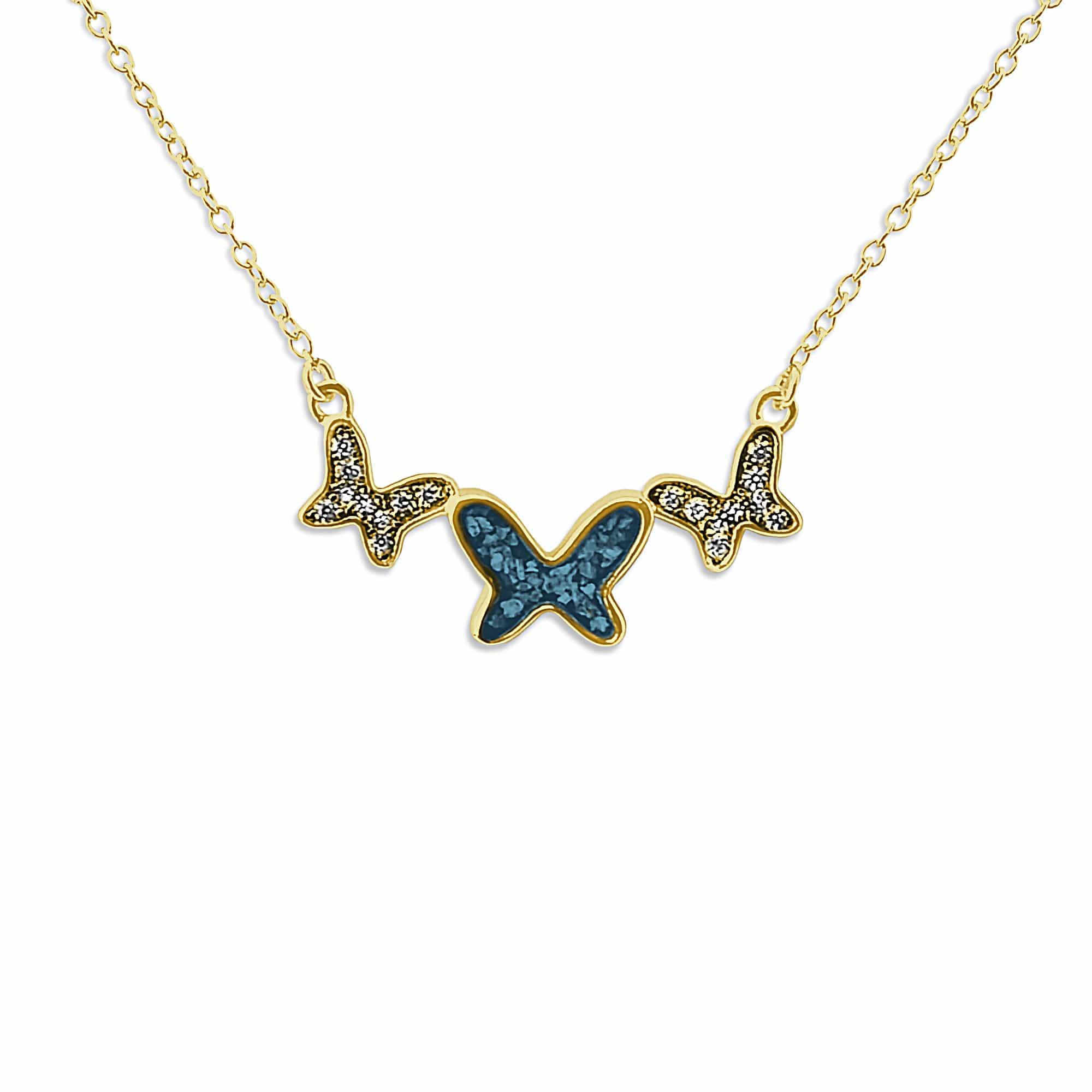EverWith Ladies Butterflies Memorial Ashes Necklace with Fine Crystals 9k Yellow Gold Blue