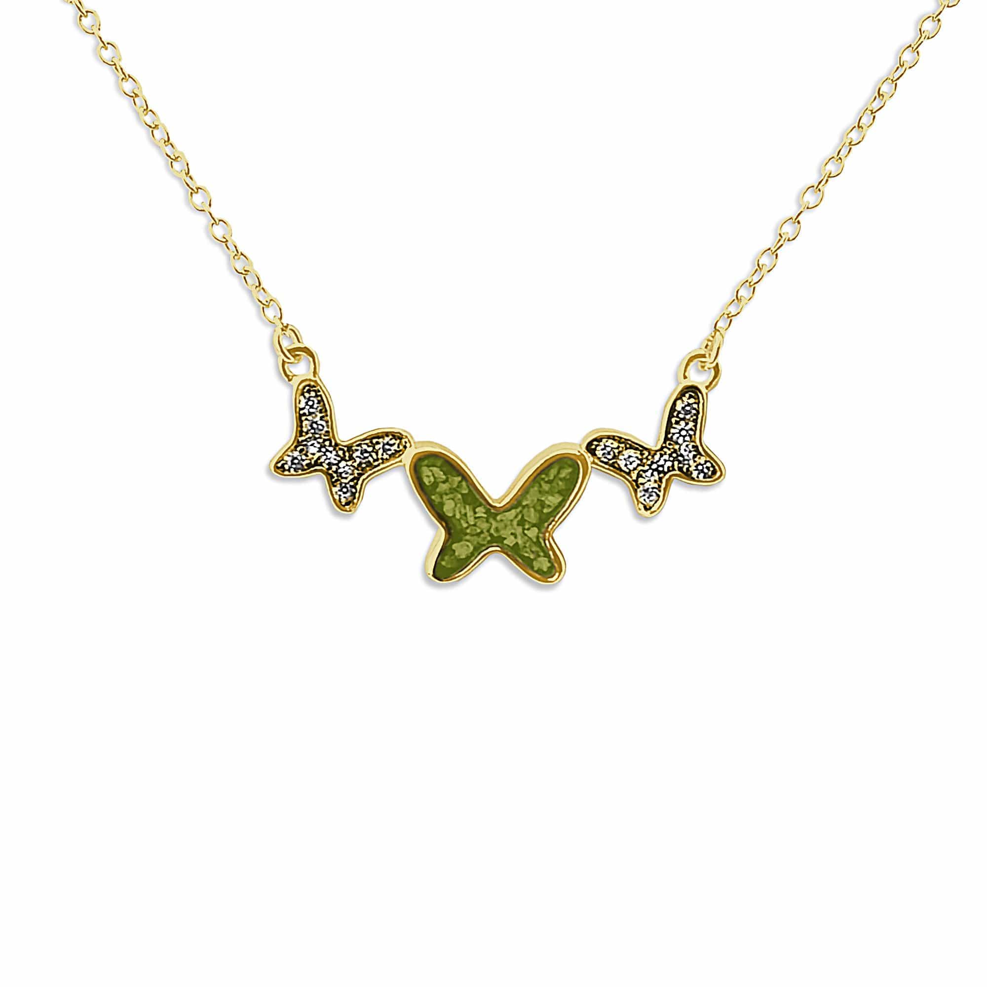 EverWith Ladies Butterflies Memorial Ashes Necklace with Fine Crystals 9k Yellow Gold Green