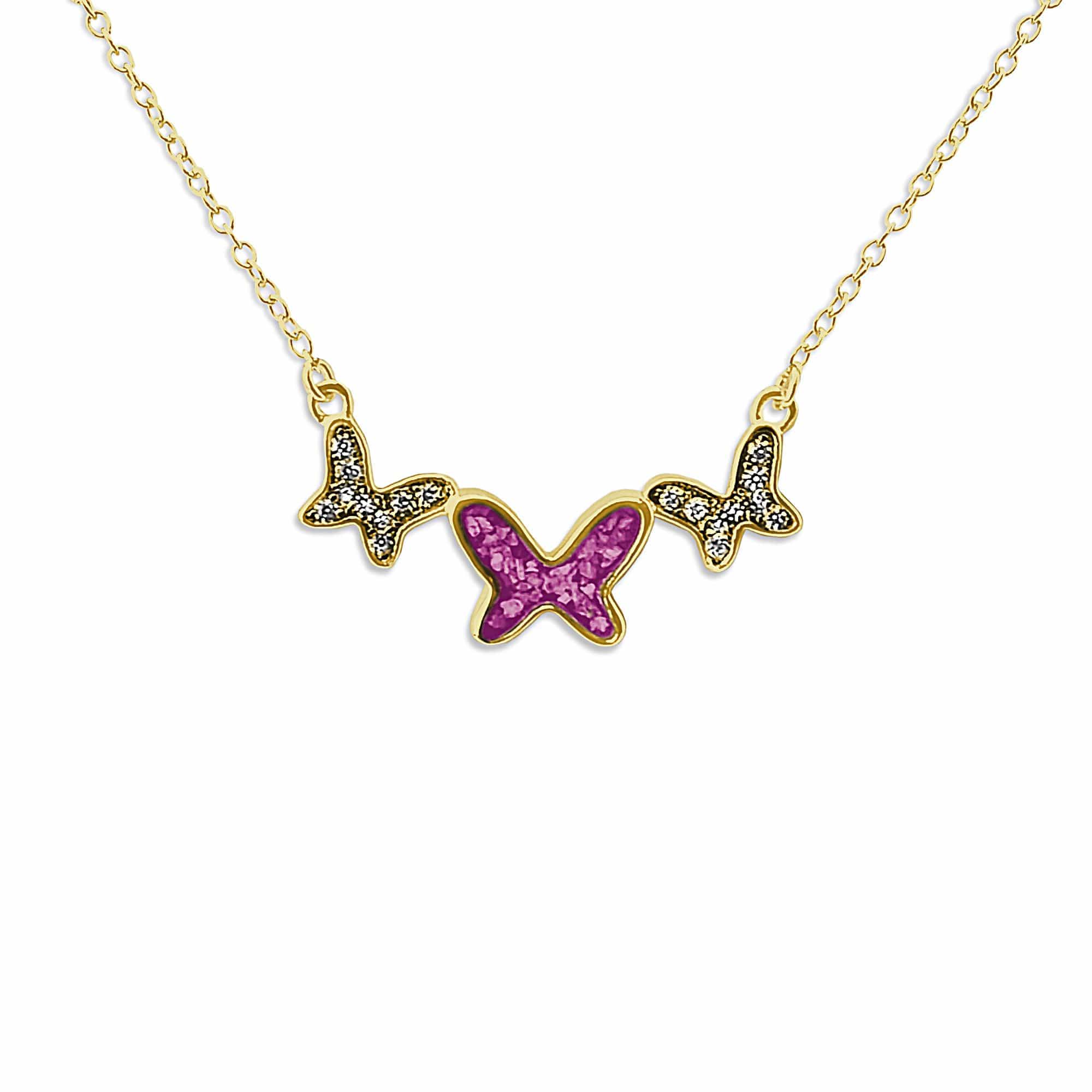 EverWith Ladies Butterflies Memorial Ashes Necklace with Fine Crystals 9k Yellow Gold Pink