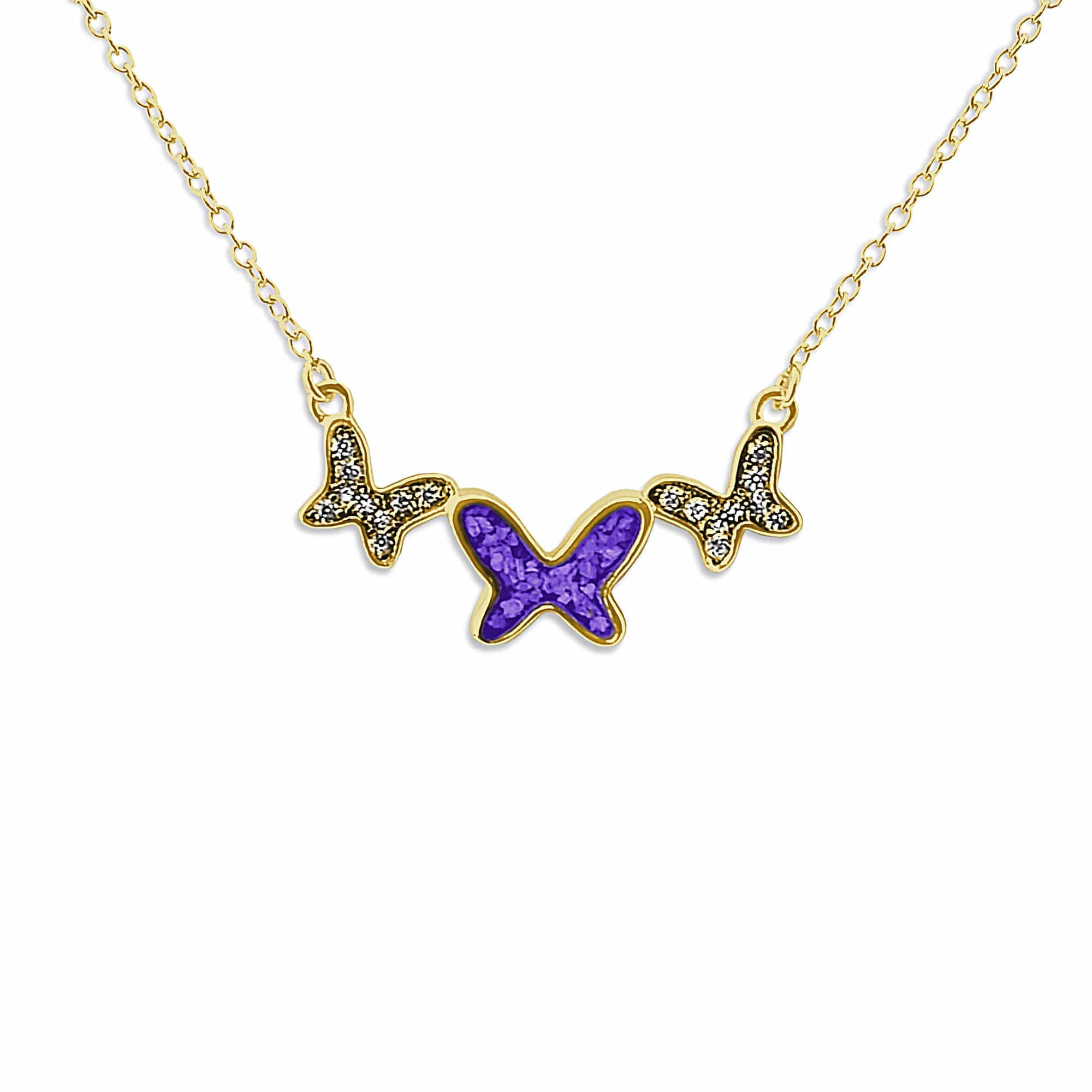 EverWith Ladies Butterflies Memorial Ashes Necklace with Fine Crystals 9k Yellow Gold Purple