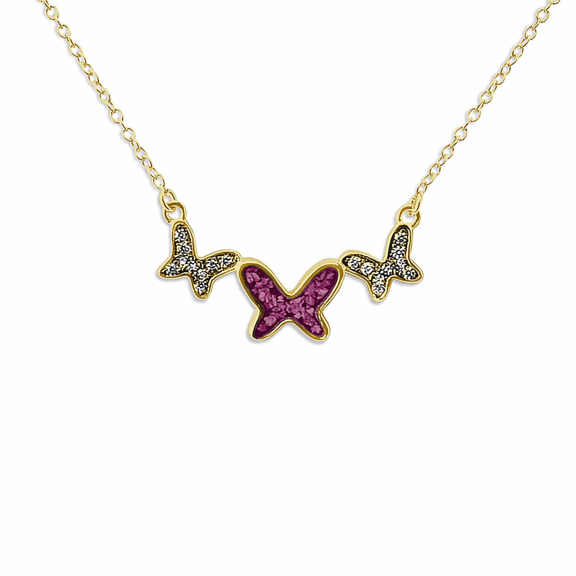 EverWith Ladies Butterflies Memorial Ashes Necklace with Fine Crystals 9k Yellow Gold Violet