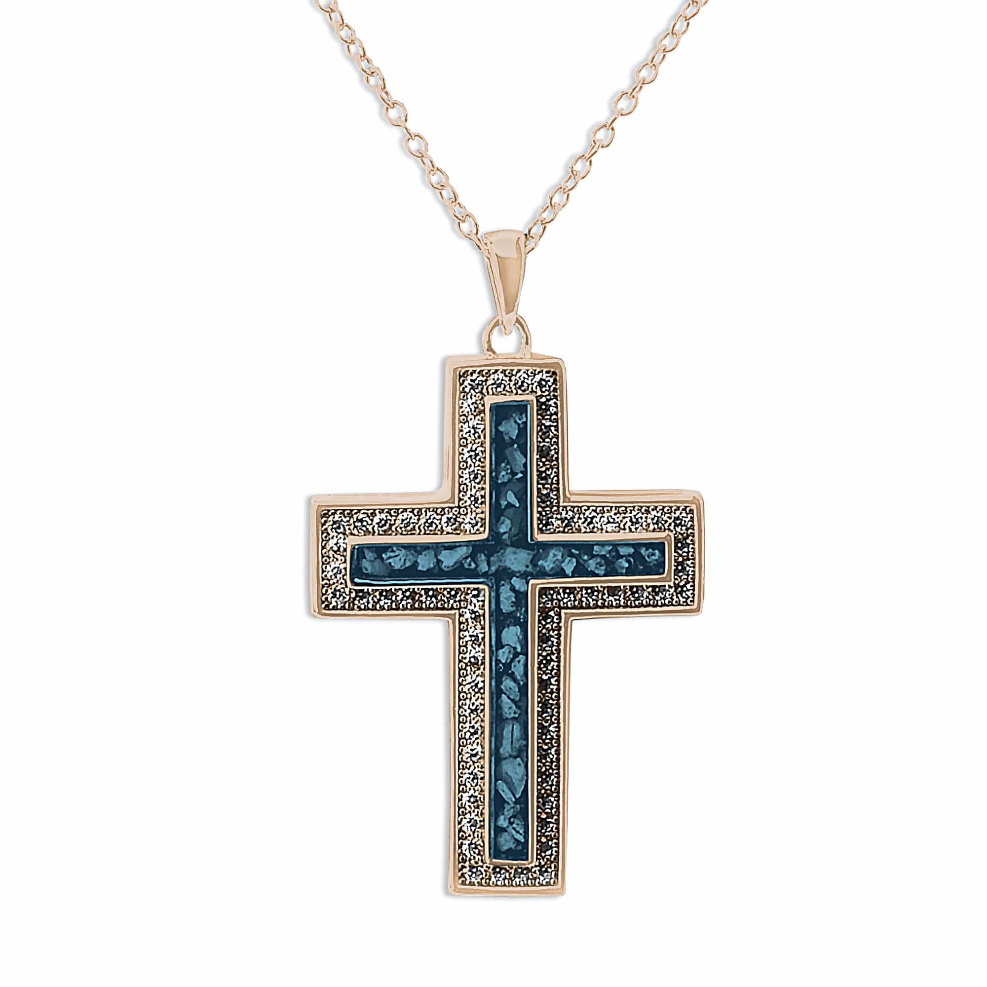 EverWith Unisex Cross Memorial Ashes Pendant with Fine Crystals 9k Rose Gold Blue