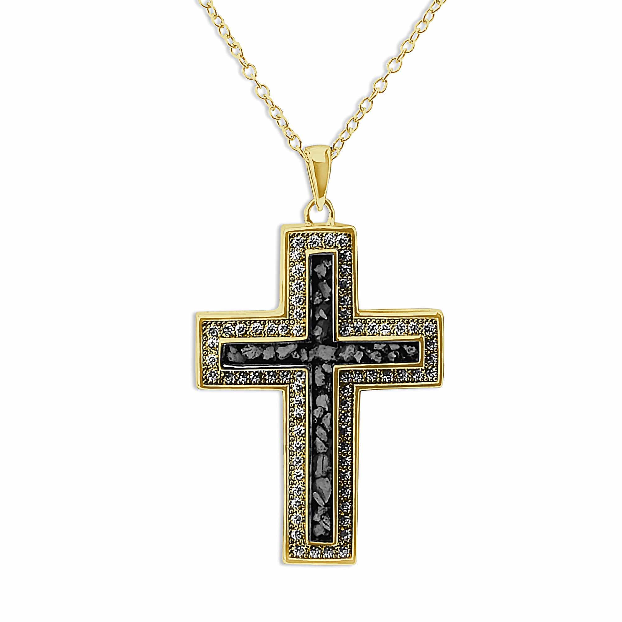 EverWith Unisex Cross Memorial Ashes Pendant with Fine Crystals 9k Yellow Gold Black