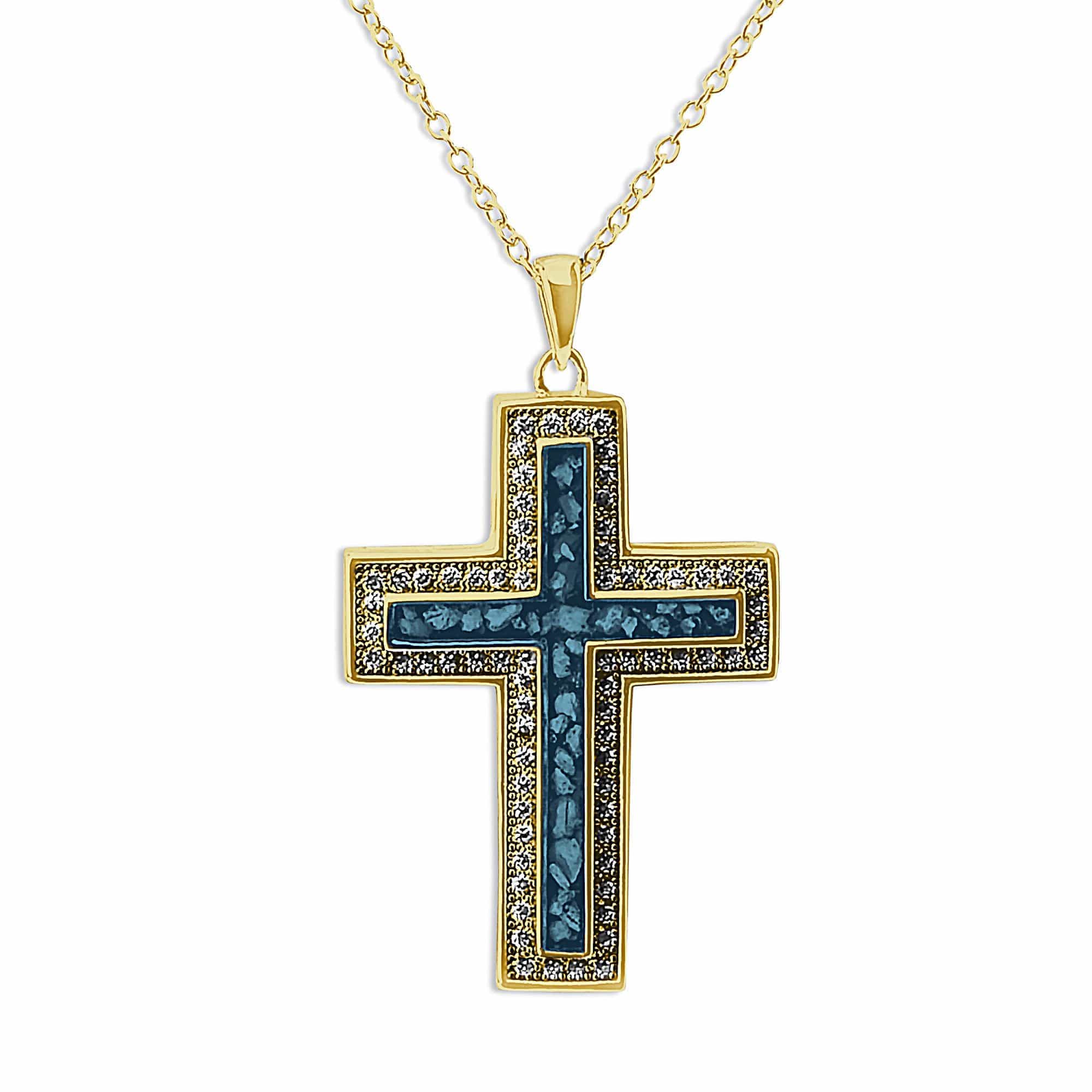 EverWith Unisex Cross Memorial Ashes Pendant with Fine Crystals 9k Yellow Gold Blue