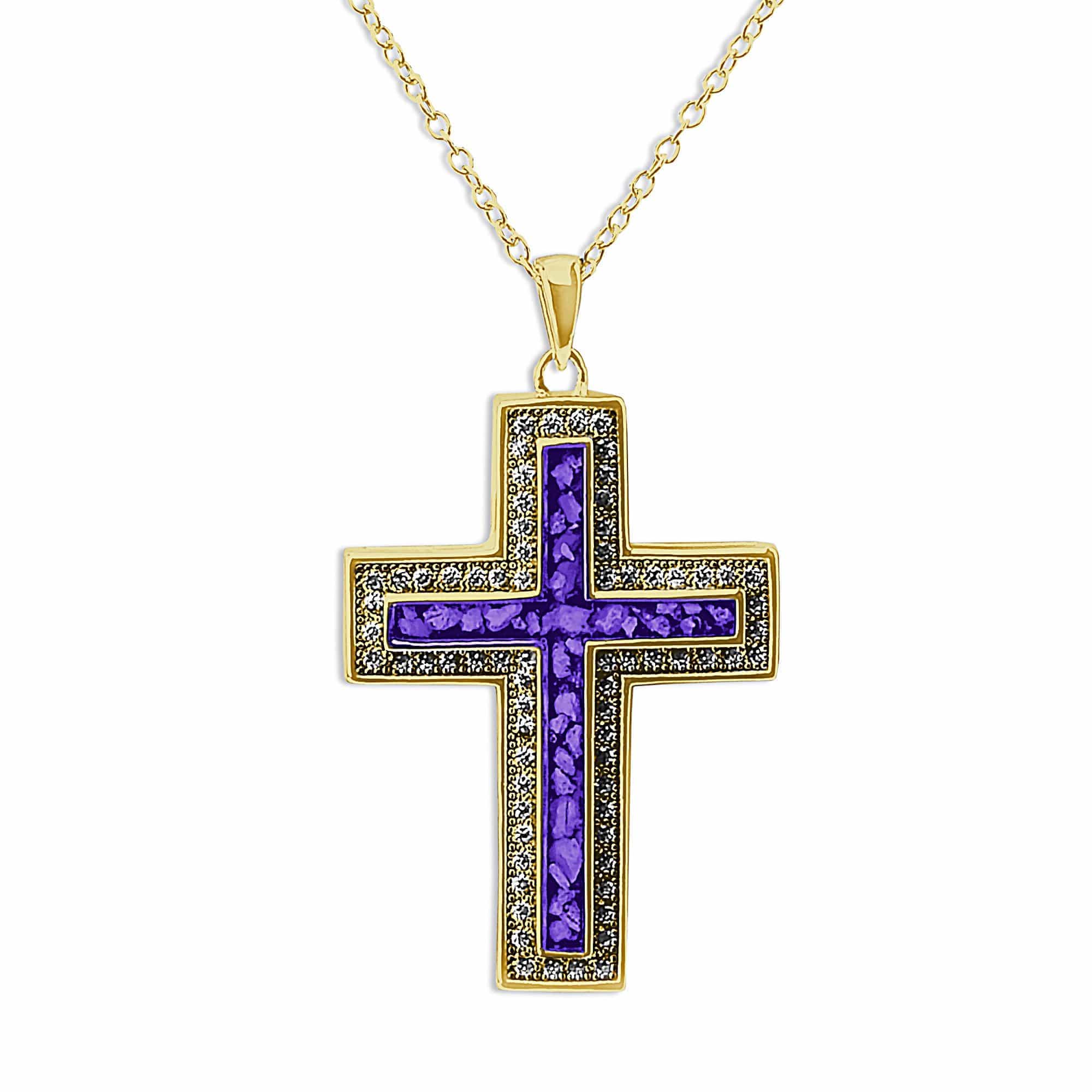 EverWith Unisex Cross Memorial Ashes Pendant with Fine Crystals 9k Yellow Gold Purple