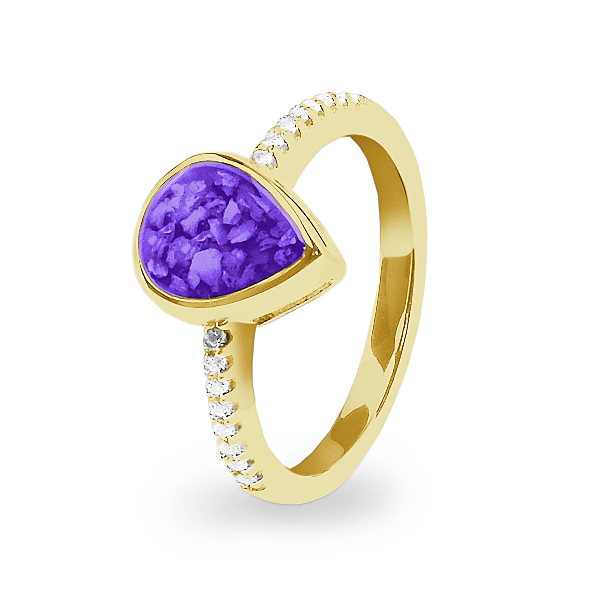 EverWith Ladies Teardrop Memorial Ashes Ring 9k Yellow Gold Purple