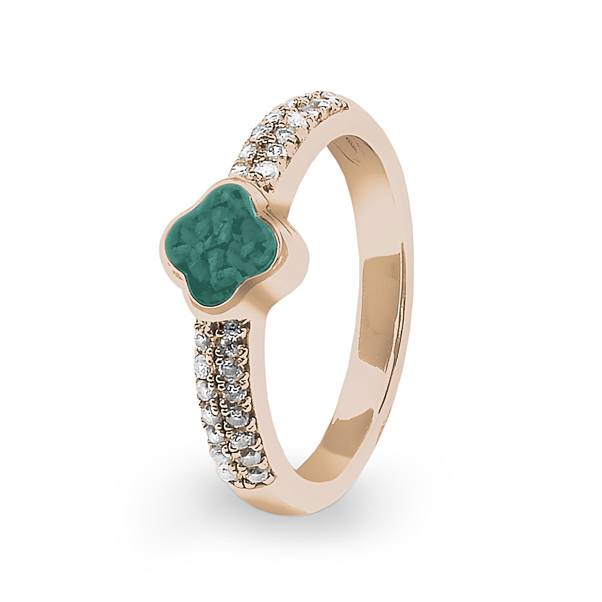 EverWith Ladies Clover Memorial Ashes Ring with Fine Crystals 9k Rose Gold Aqua