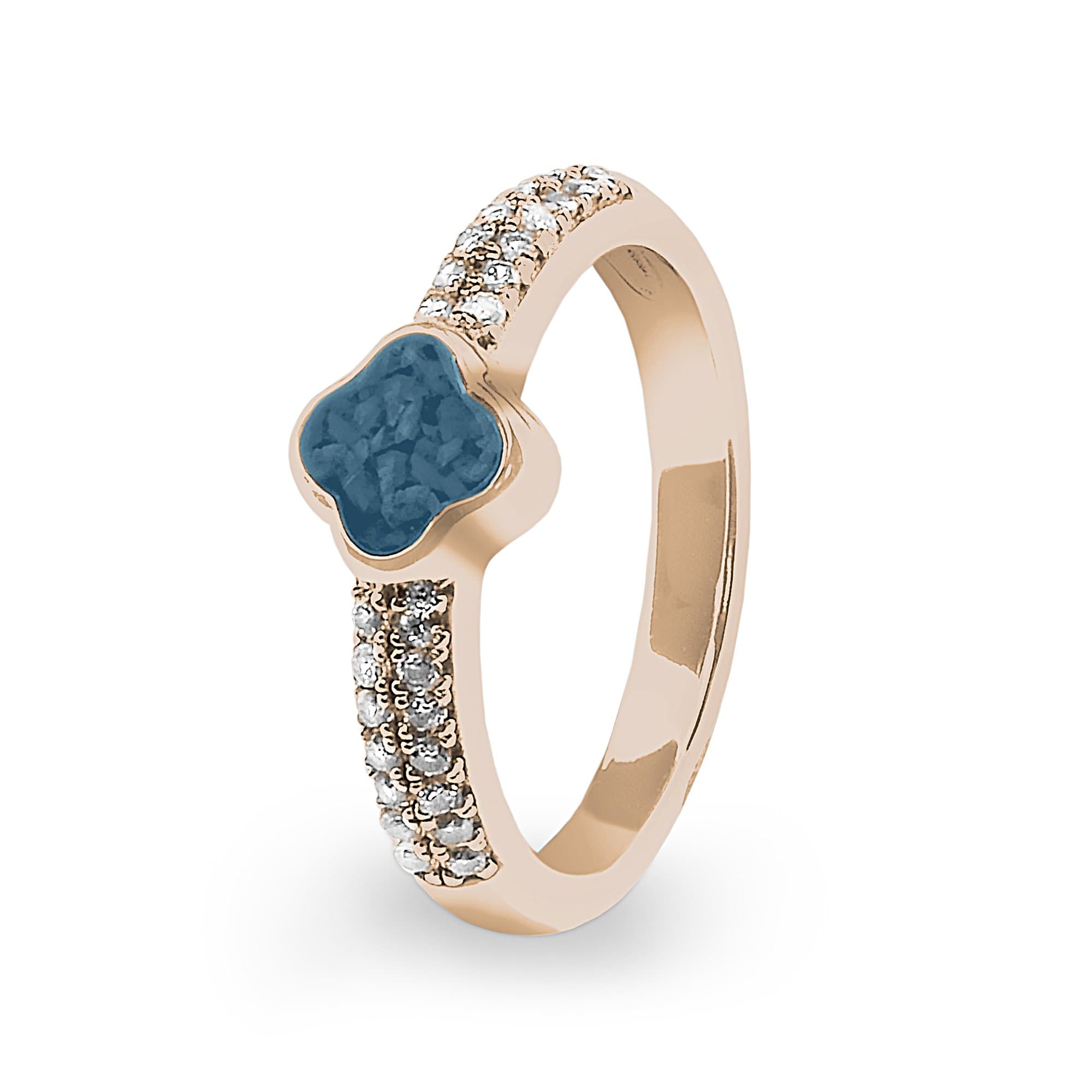 EverWith Ladies Clover Memorial Ashes Ring with Fine Crystals 9k Rose Gold Blue