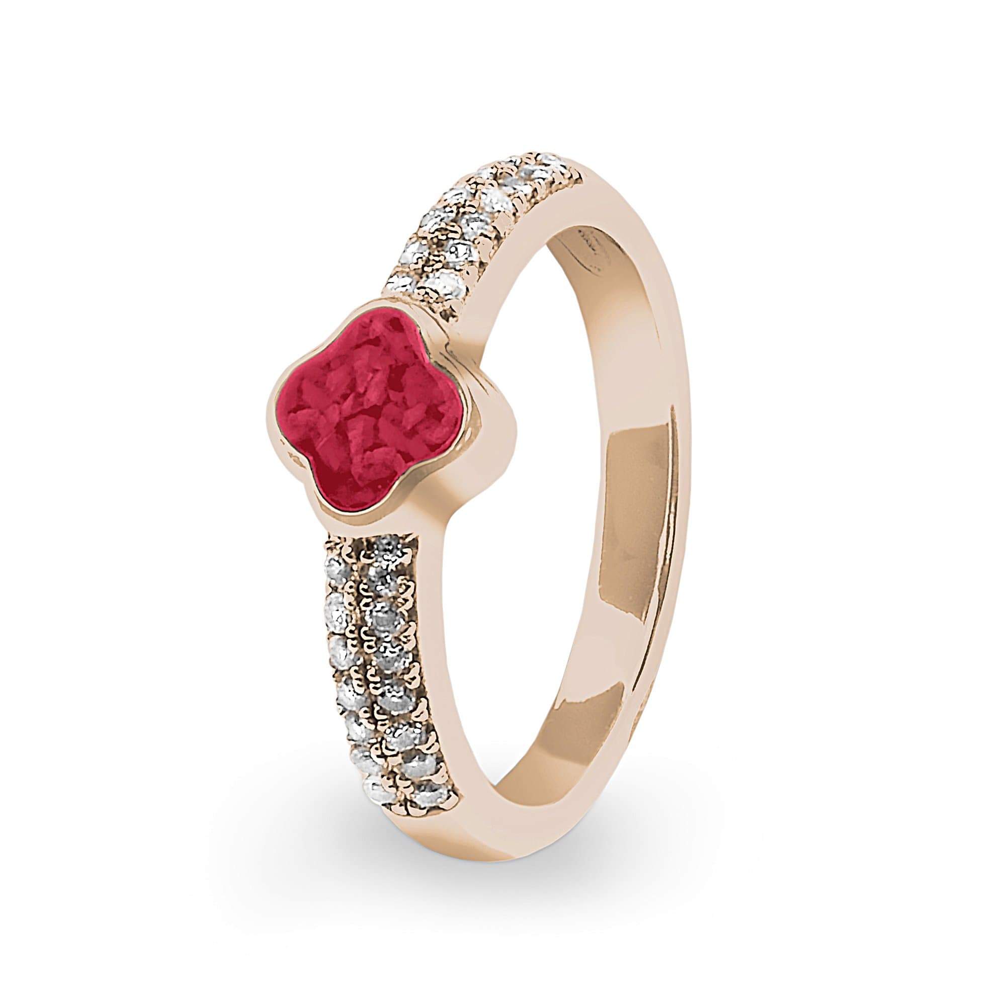 EverWith Ladies Clover Memorial Ashes Ring with Fine Crystals 9k Rose Gold Red