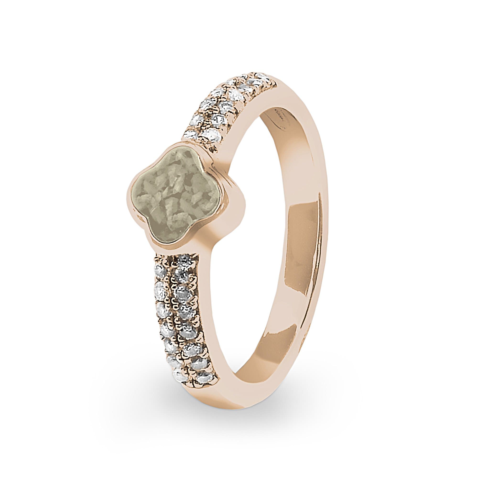 EverWith Ladies Clover Memorial Ashes Ring with Fine Crystals 9k Rose Gold Transparent