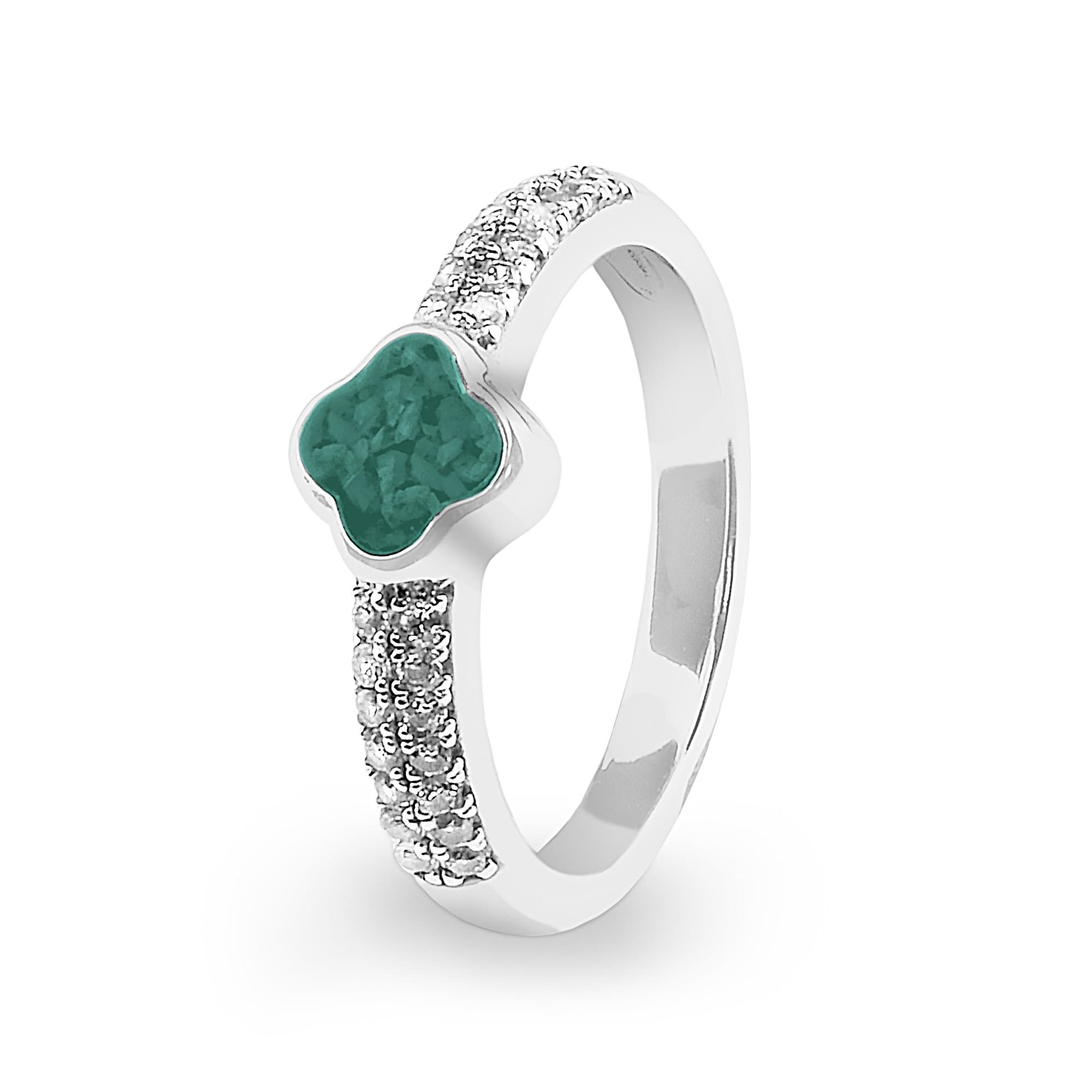 EverWith Ladies Clover Memorial Ashes Ring with Fine Crystals Aqua