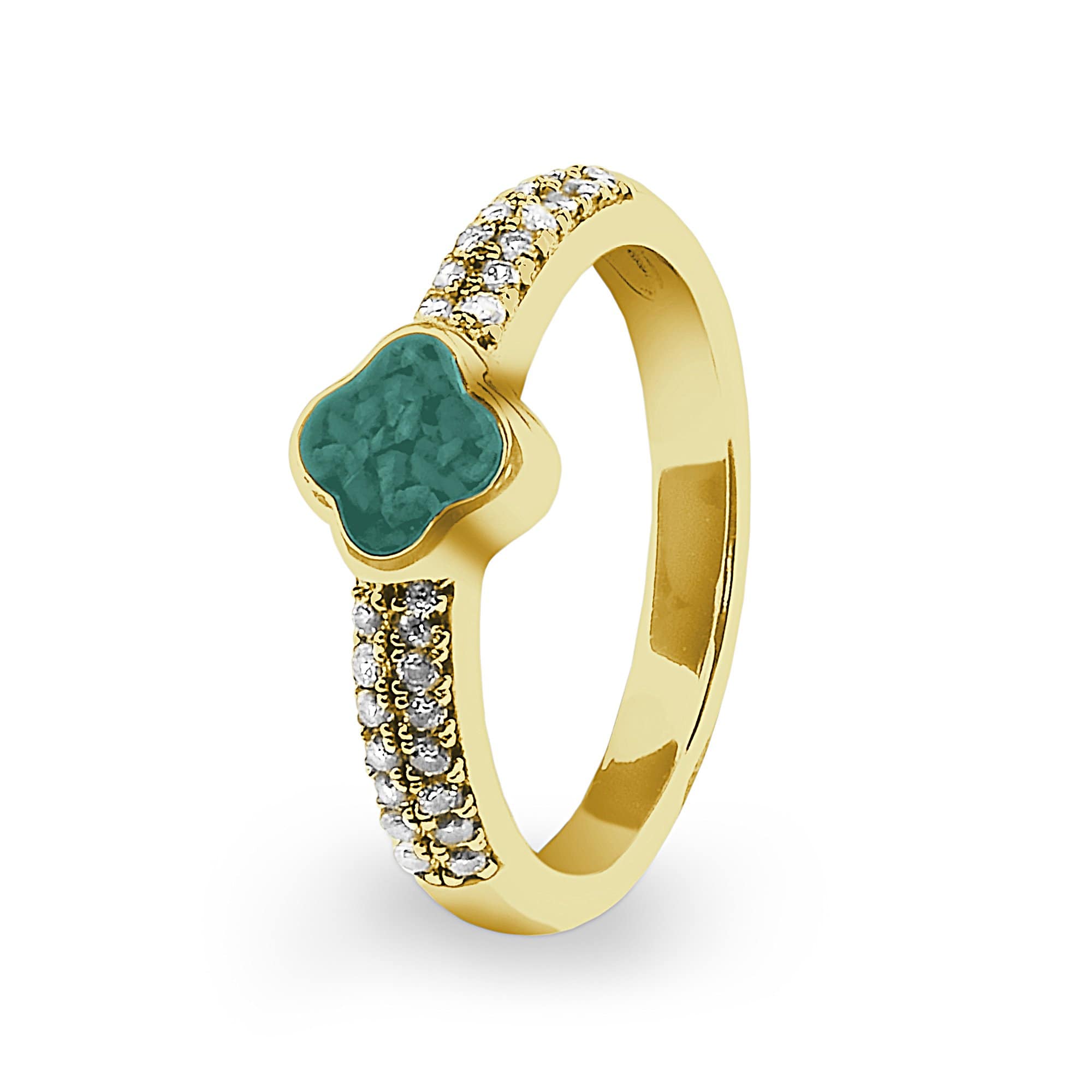 EverWith Ladies Clover Memorial Ashes Ring with Fine Crystals 9k Yellow Gold Aqua