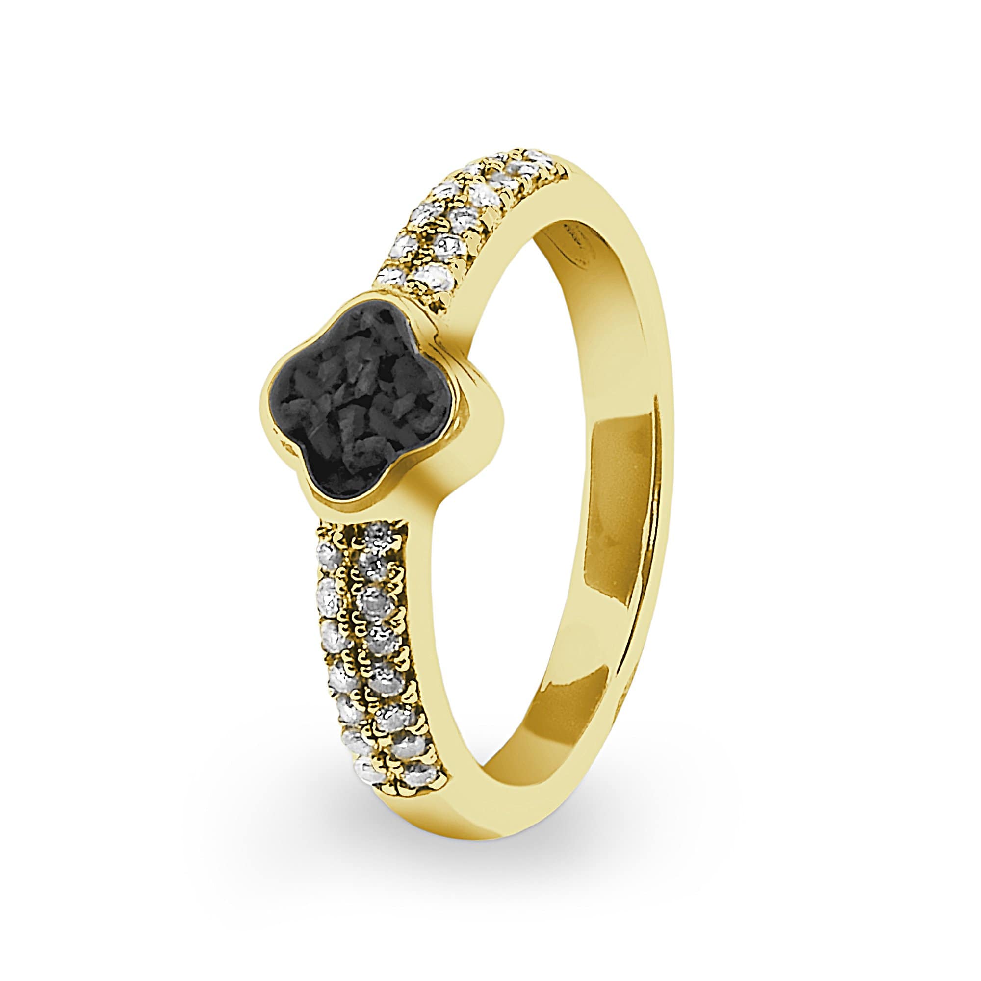 EverWith Ladies Clover Memorial Ashes Ring with Fine Crystals 9k Yellow Gold Black