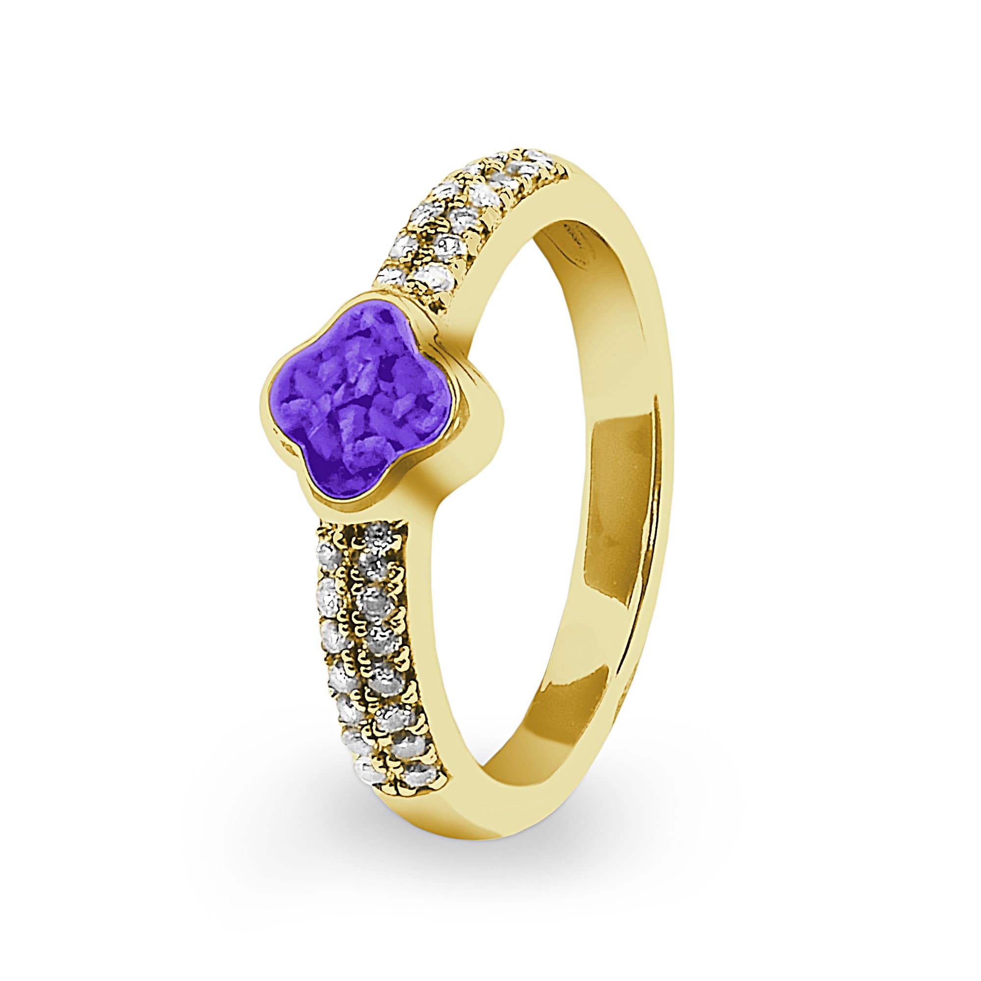 EverWith Ladies Clover Memorial Ashes Ring with Fine Crystals 9k Yellow Gold Purple