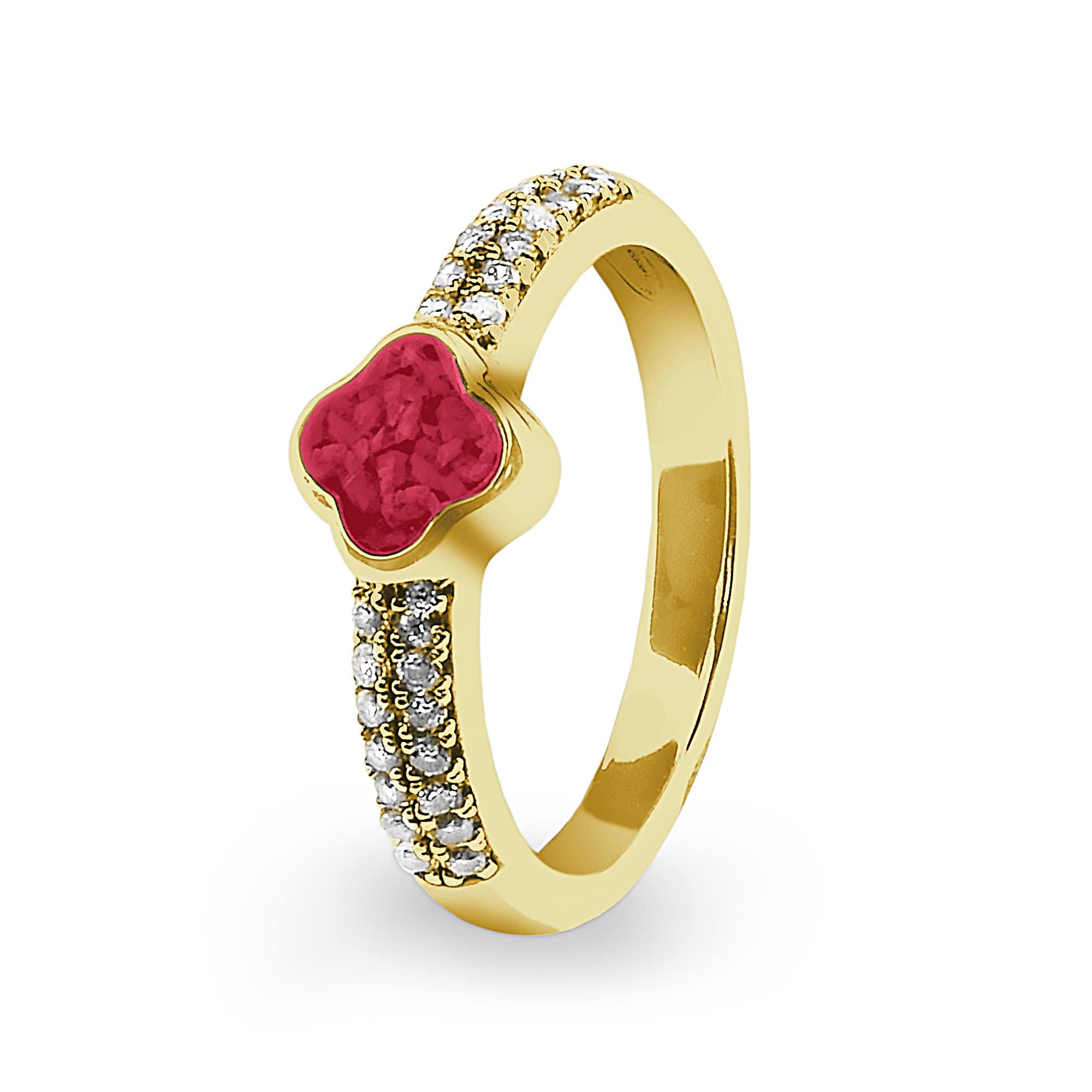 EverWith Ladies Clover Memorial Ashes Ring with Fine Crystals 9k Yellow Gold Red