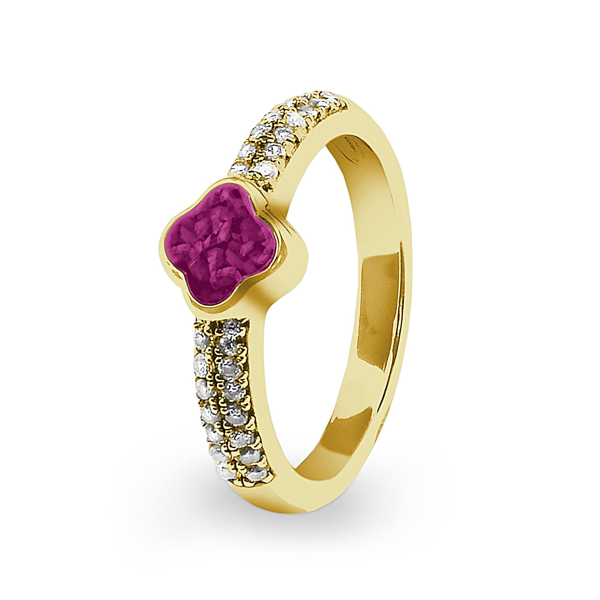 EverWith Ladies Clover Memorial Ashes Ring with Fine Crystals 9k Yellow Gold Violet