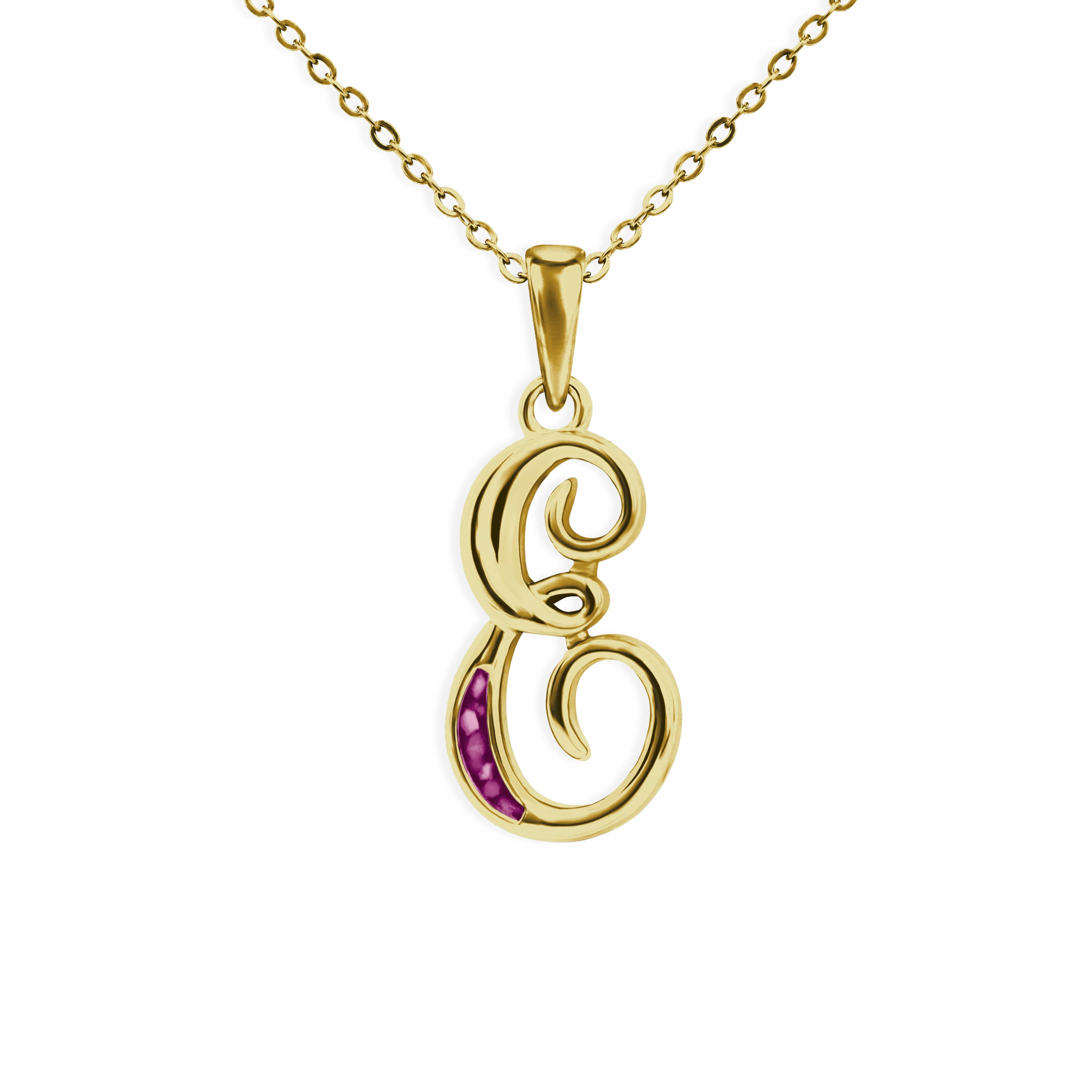 EverWith Alphabet Memorial Ashes Pendant - Letter E 9k Yellow Gold Violet
