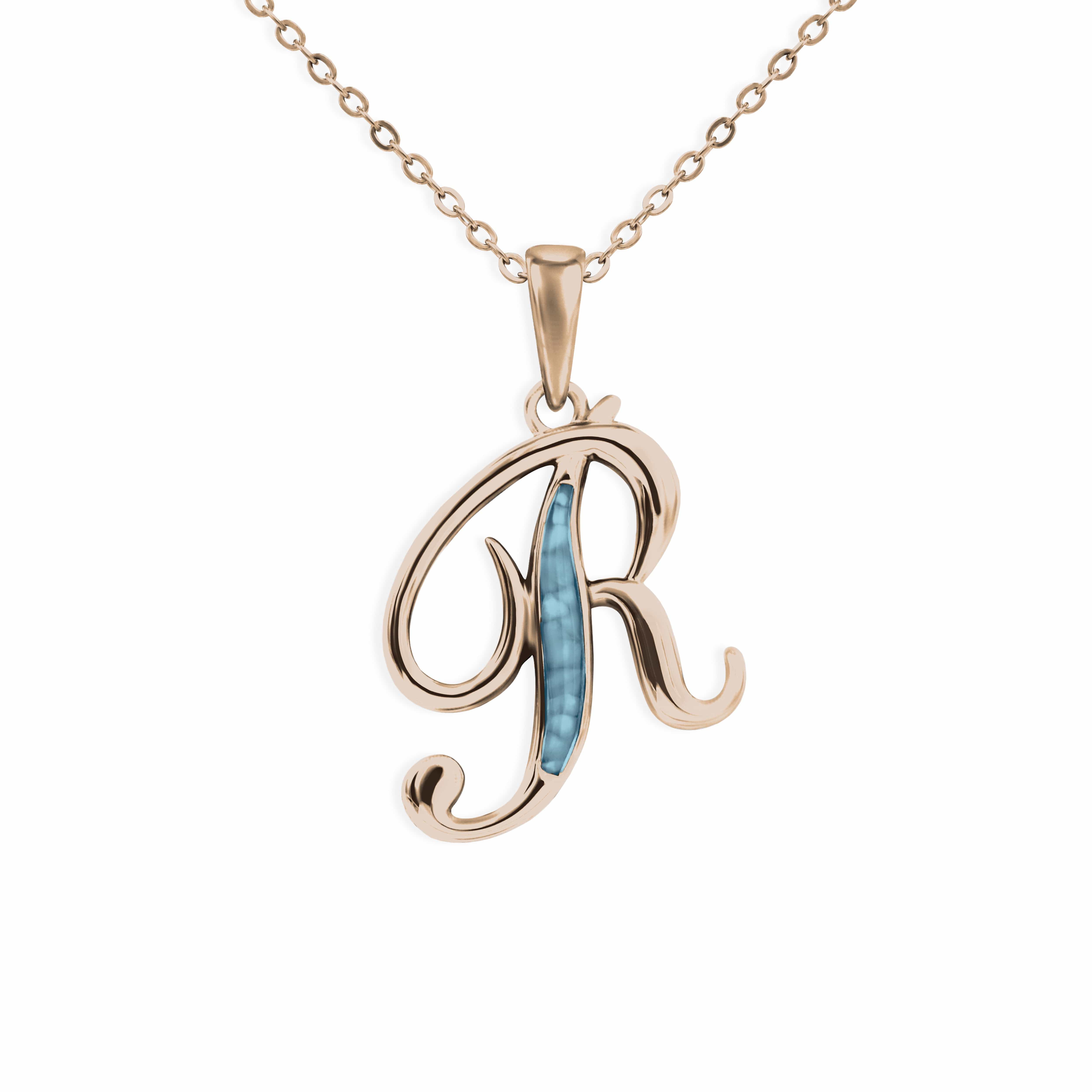 EverWith Alphabet Memorial Ashes Pendant - Letter R 9k Rose Gold Blue