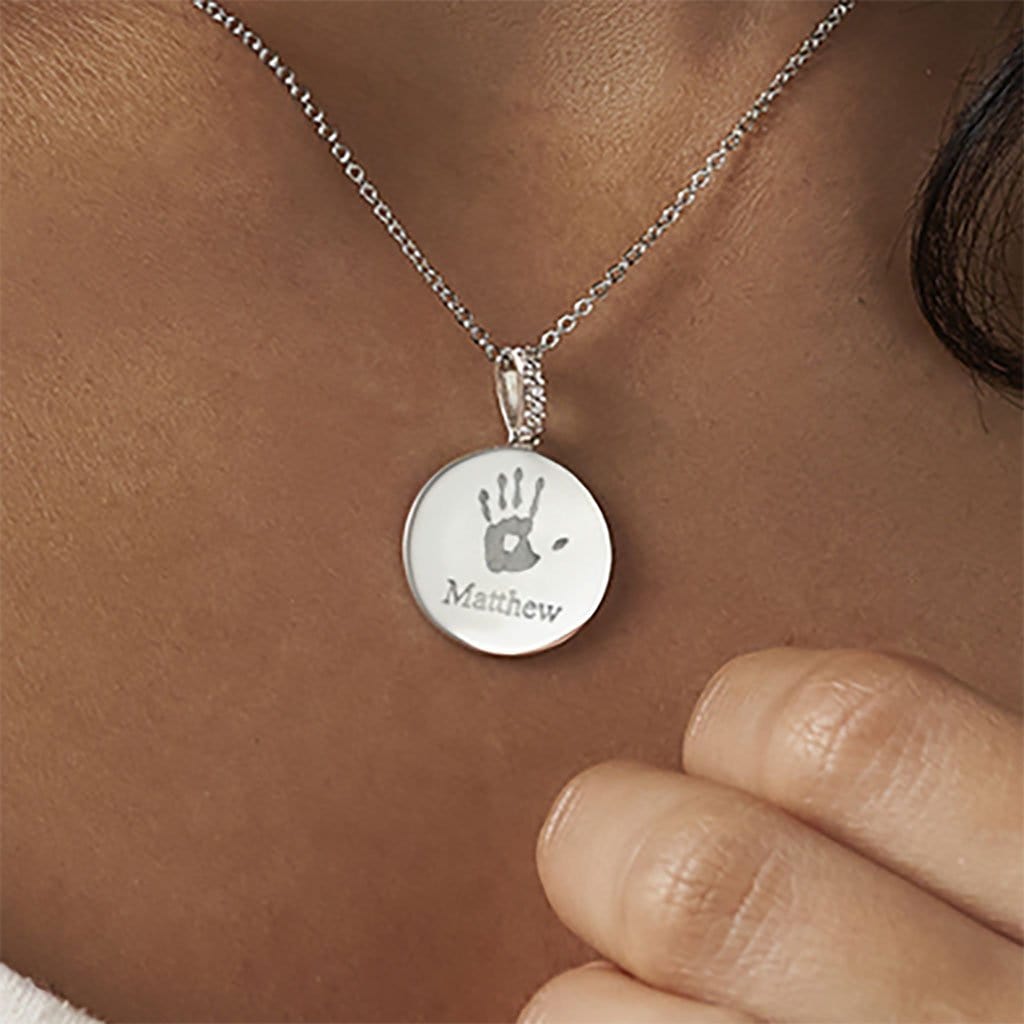 Load image into Gallery viewer, EverWith Engraved Round Memorial Handprint or Footprint Pendant with Fine Crystals